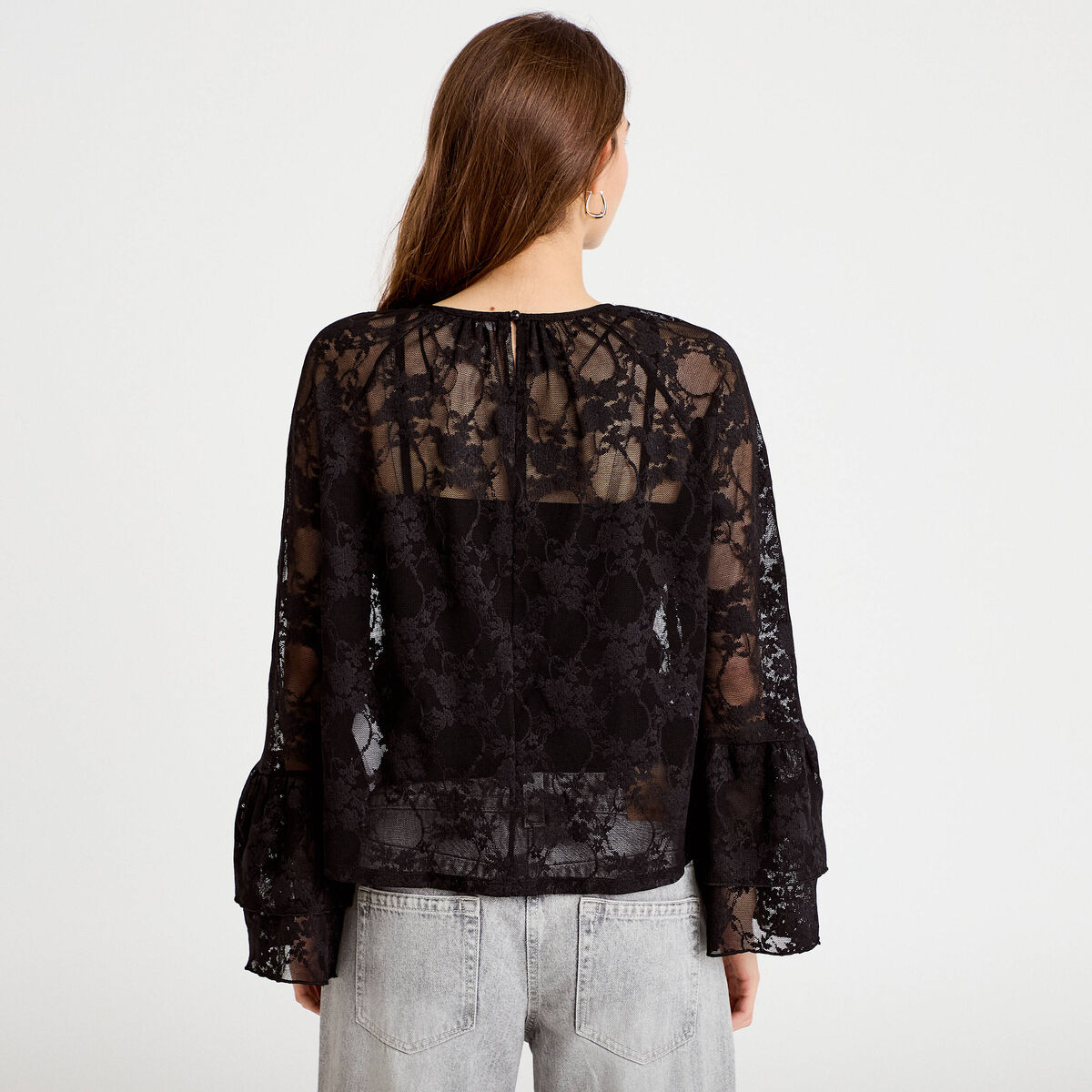 Blouse col rond manches longues dentelle noir femme