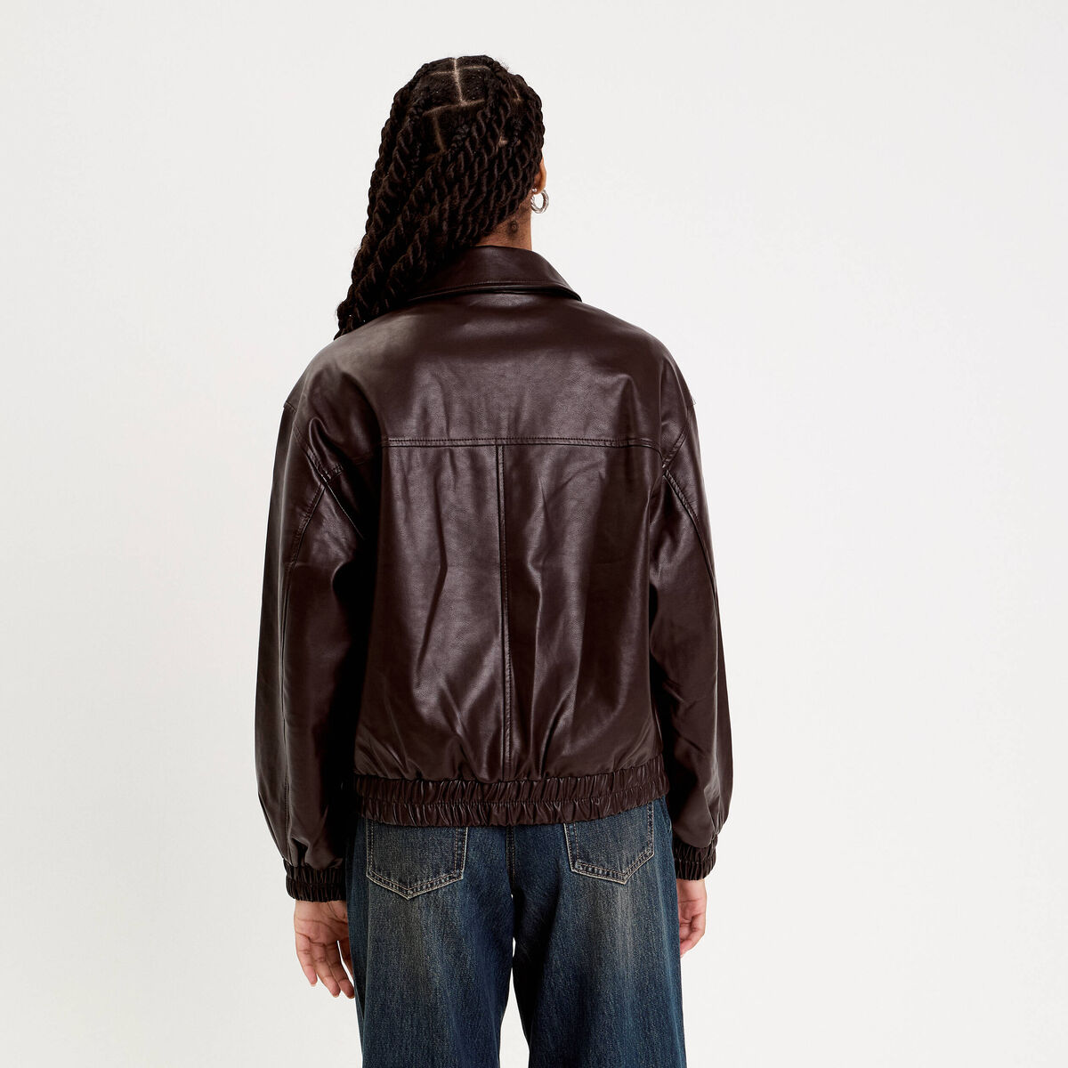 Bomber oversize similicuir col chemise marron foncé femme