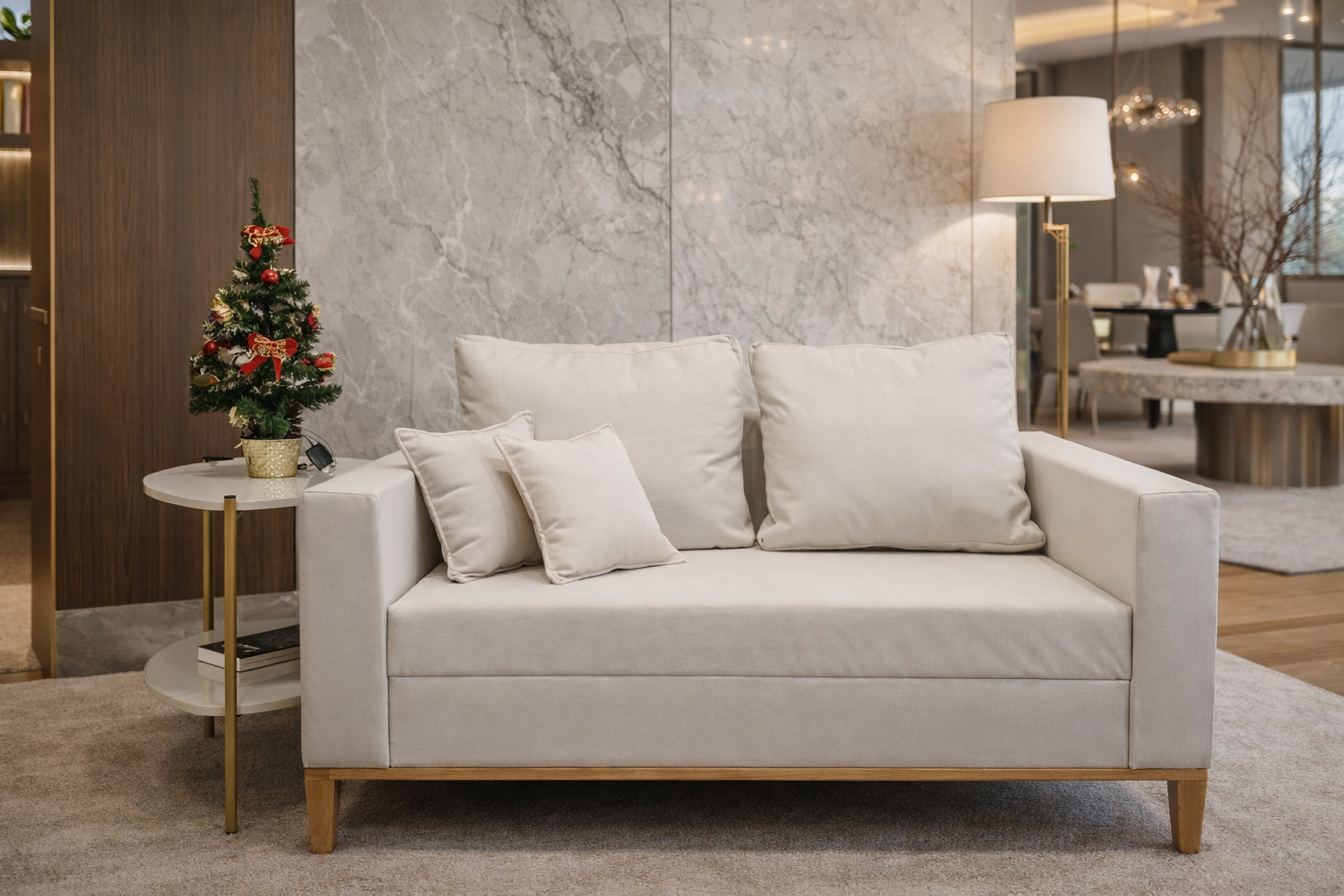 Sofá Beny 2 Lugares em Linho e Pés de Madeira Maciça - Luxo:cru