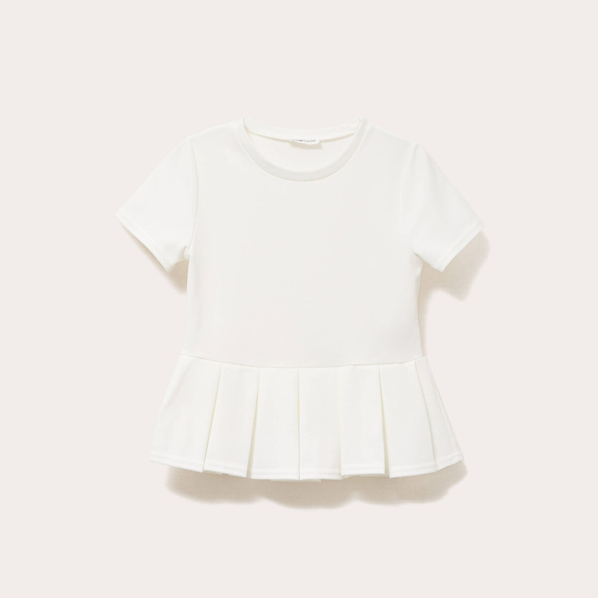 Top col rond manches courtes ecru femme