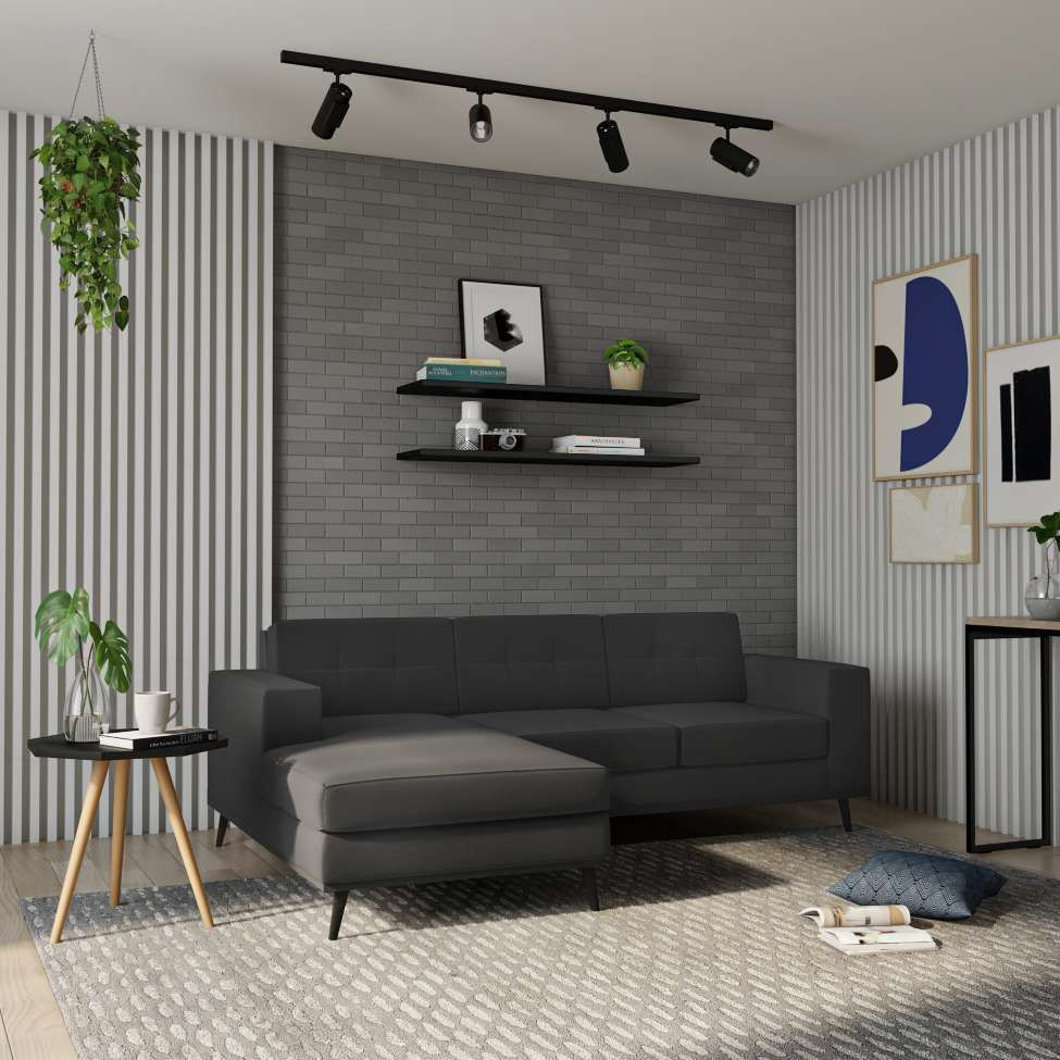 Sofá 3 Lugares Esquerdo Mumbai com Chaise Esquerdo Pé Palito Linho Cotton Grafite Escuro em Promoção | Ofertas na Americanas