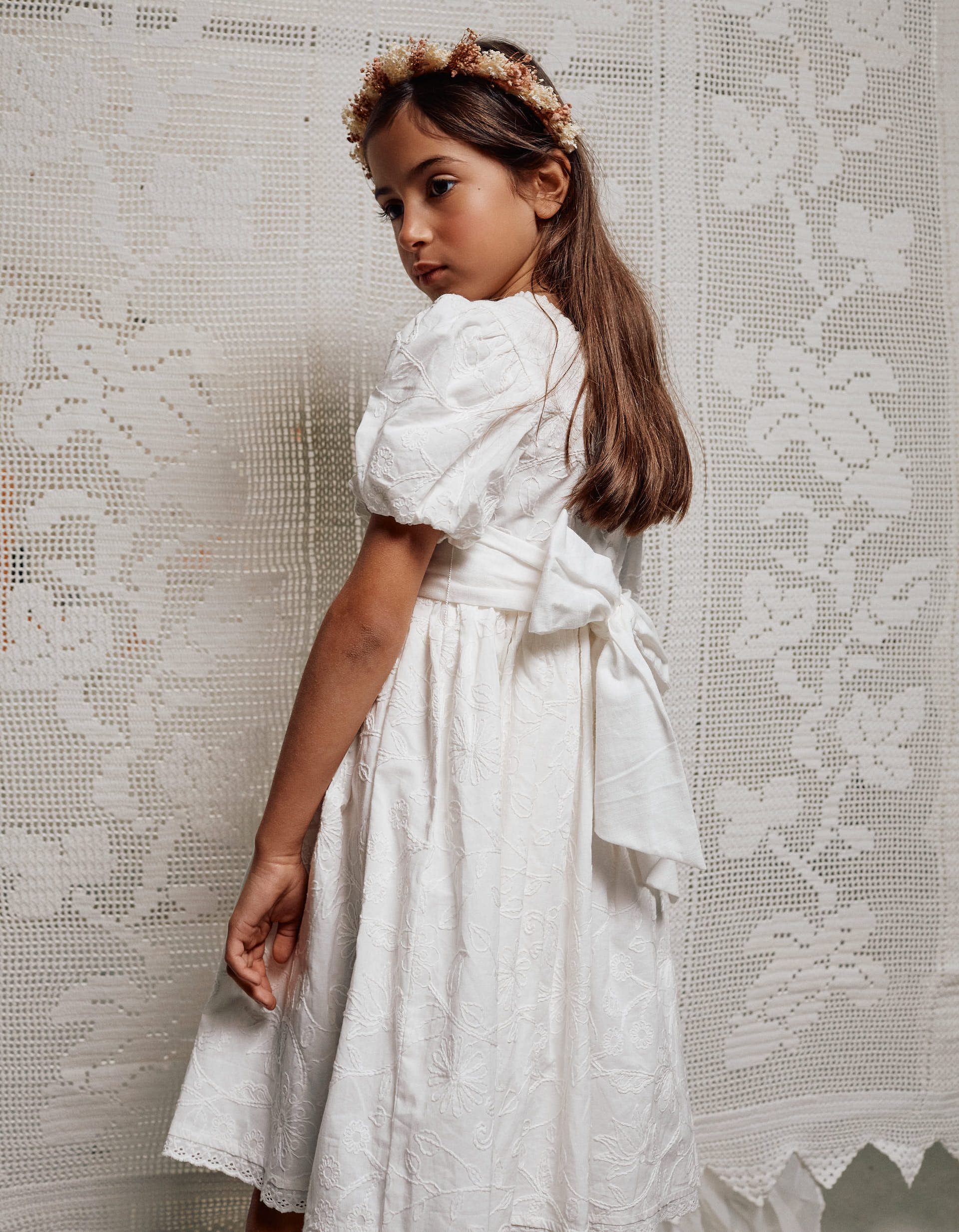 Cotton dress with balloon sleeves and belt for girls, white
