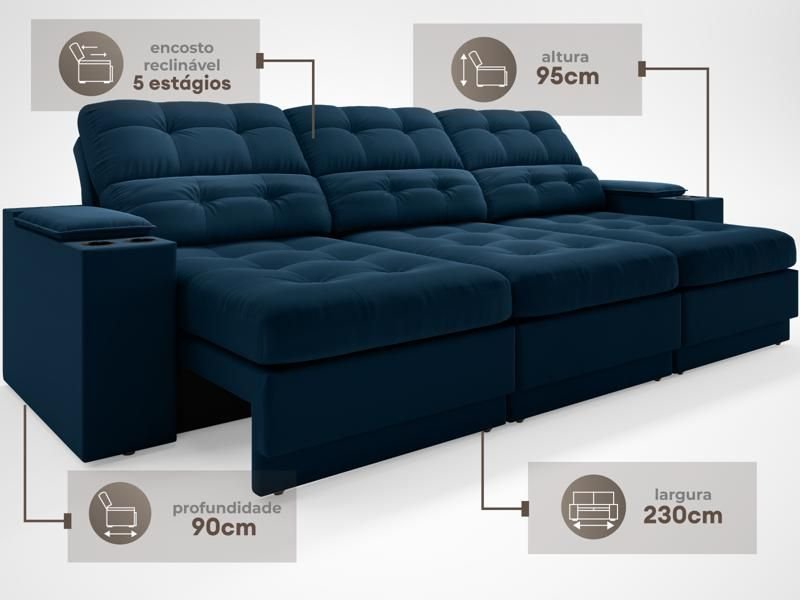 Sofá com Porta Copos e Carregador Usb Eureka 2,30m Assento Retrátil e Reclinável Velosuede Petr