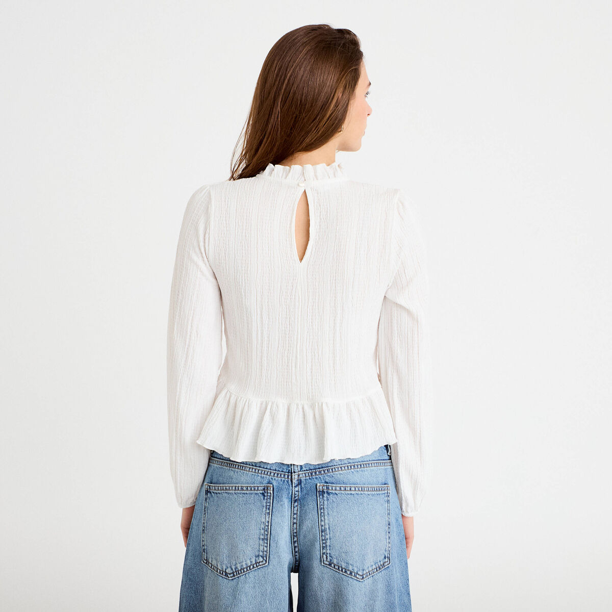 Blouse manches longues détail dentelle ecru femme