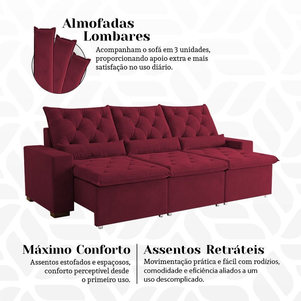 Sofá Retrátil 290m 3 Lugares Suede Luxo com Sistema Max Reclinável Milão Vermelho