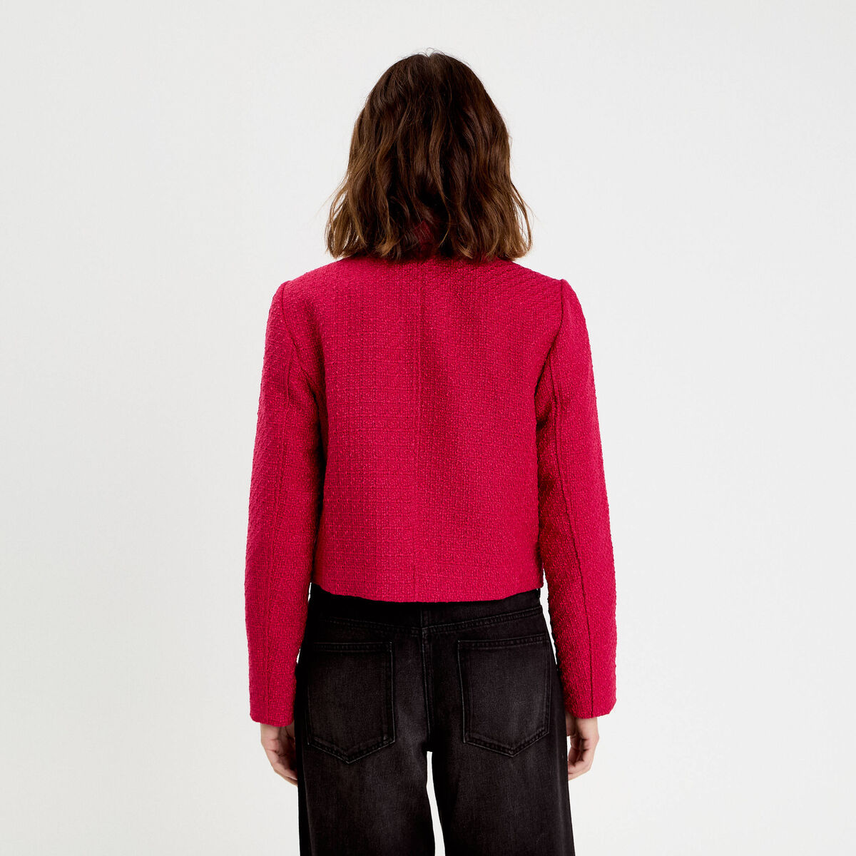 Veste droite cropped en tweed rouge clair femme
