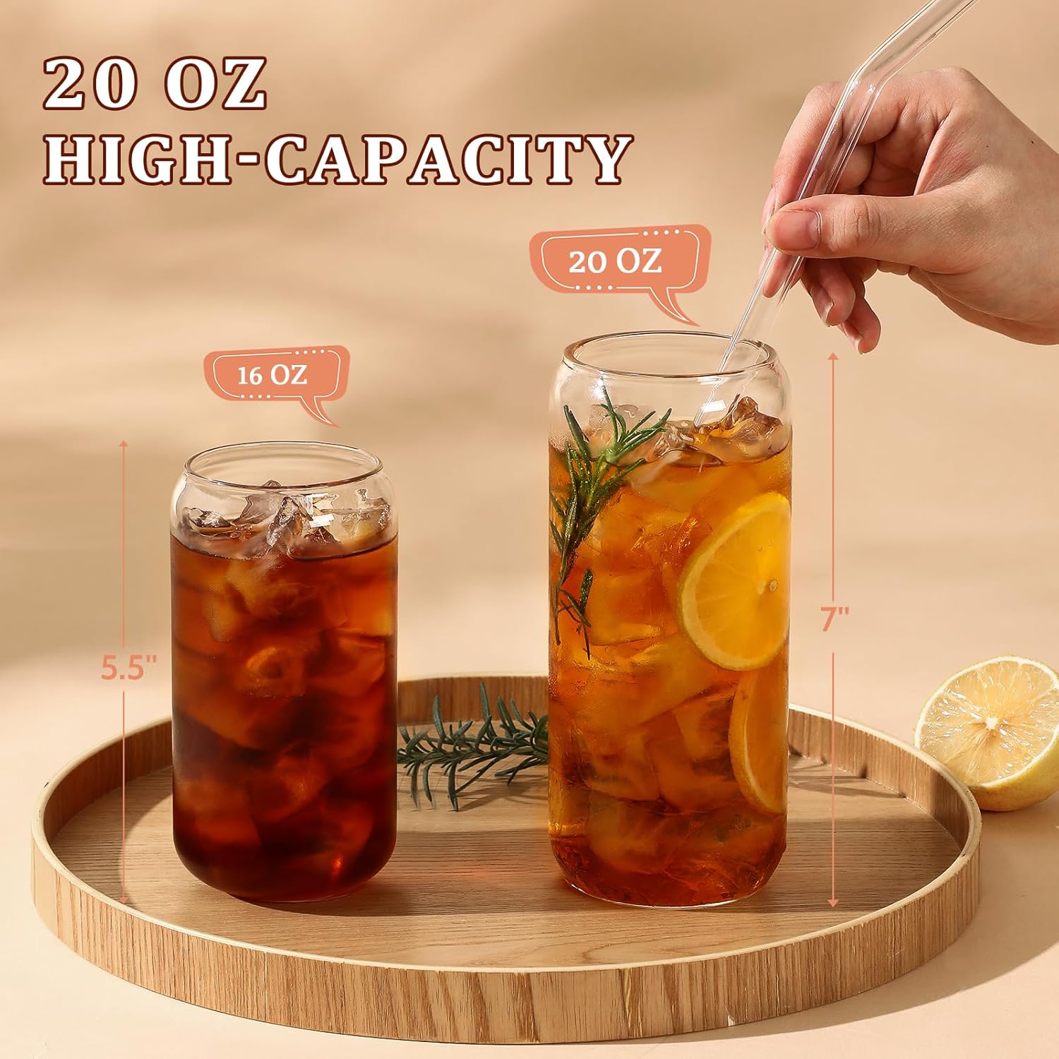20 OZ Glass Cups with Bamboo Lids and Glass Straw - Beer Shaped Drinking Glasses Set  Iced Coffee Glasses  Cute Tumbler Cup  Aesthetic Coffee Bar Accessories  Gift - 2 Pack