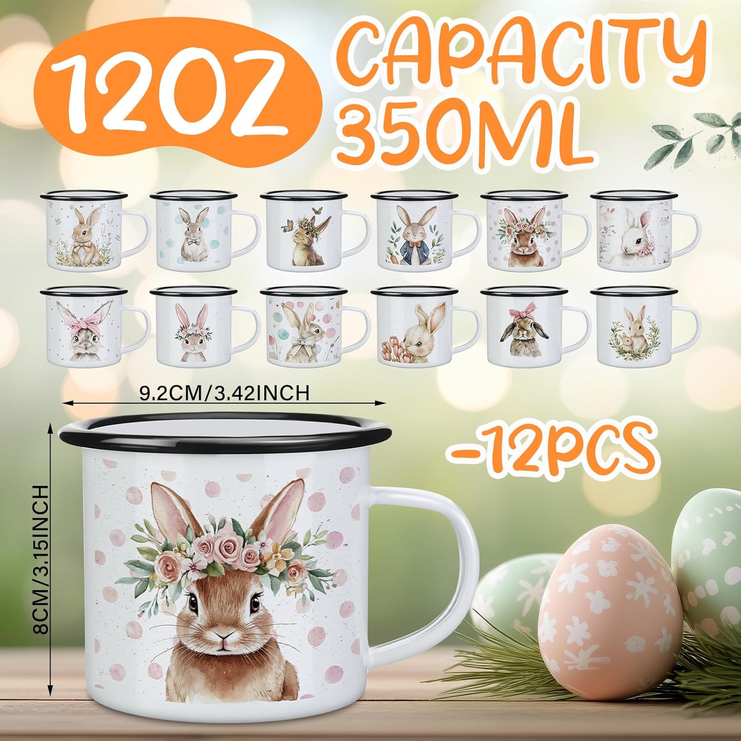 12 Set Easter Bunny Coffee Mugs 12 oz Spring Rabbit Cup Gift Sets Farmhouse Bunny Enamel Mug for Coffee Tea Drinks Party Supplies