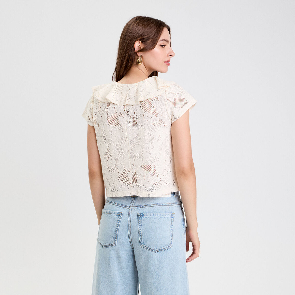 Blouse ajourée décolleté manches courtes ecru femme