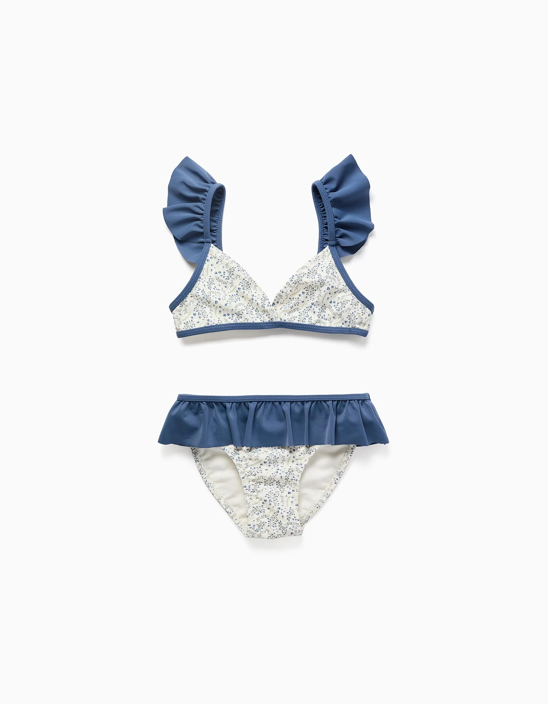 Bikini with floral motif and ruffles You&Me for girls, white/blue