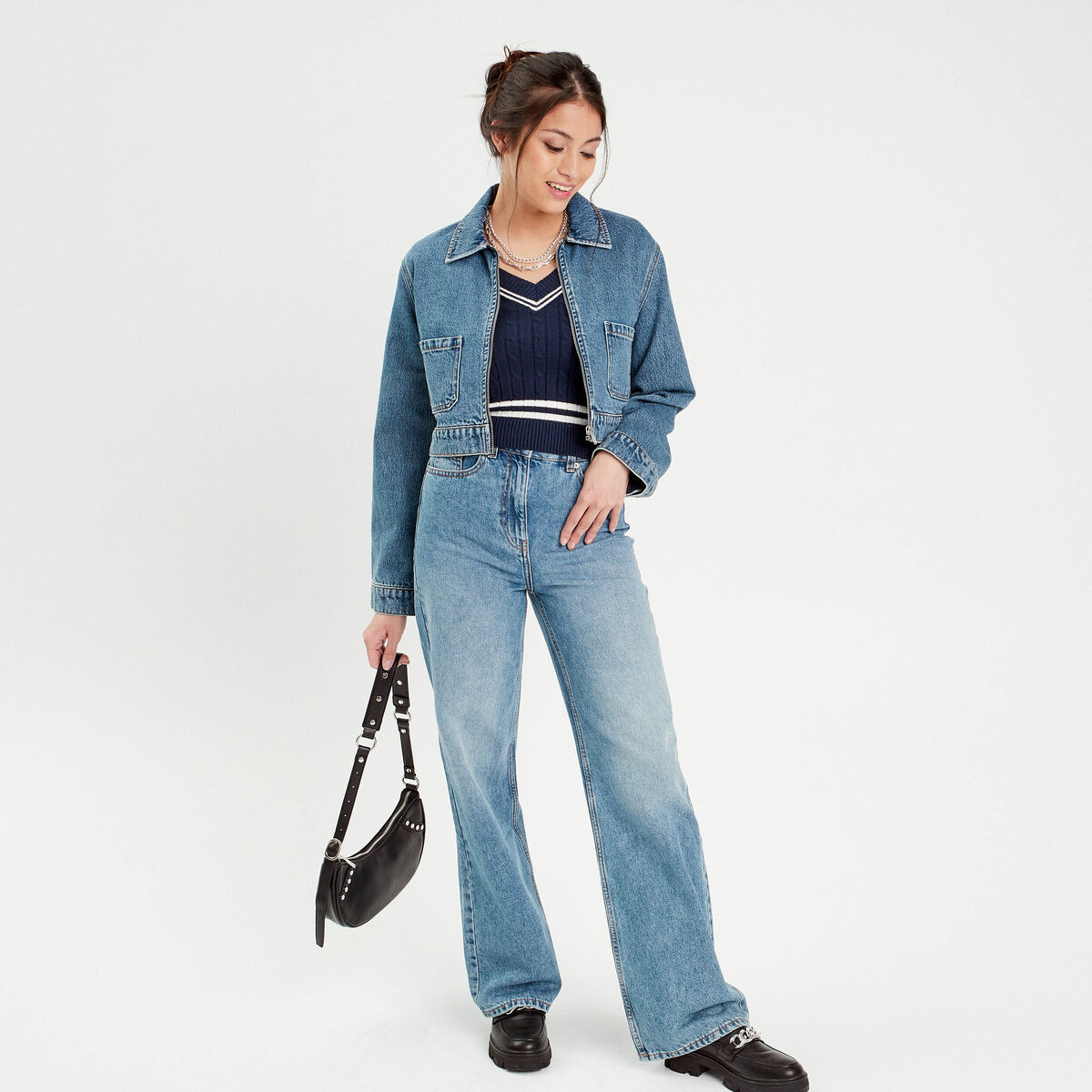 Jeans wide leg taille haute denim double stone femme