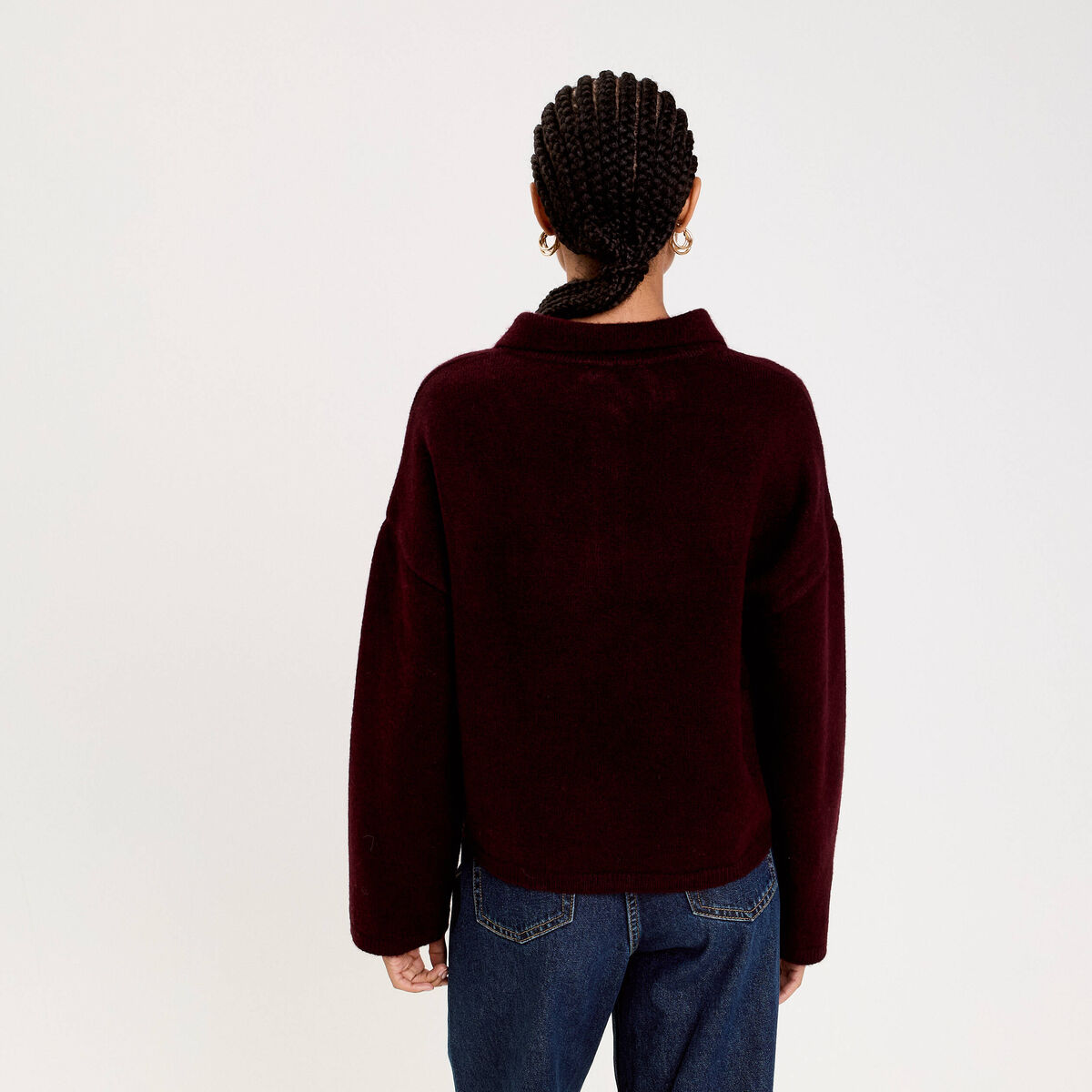 Polo manches longues col chemise violet foncé femme