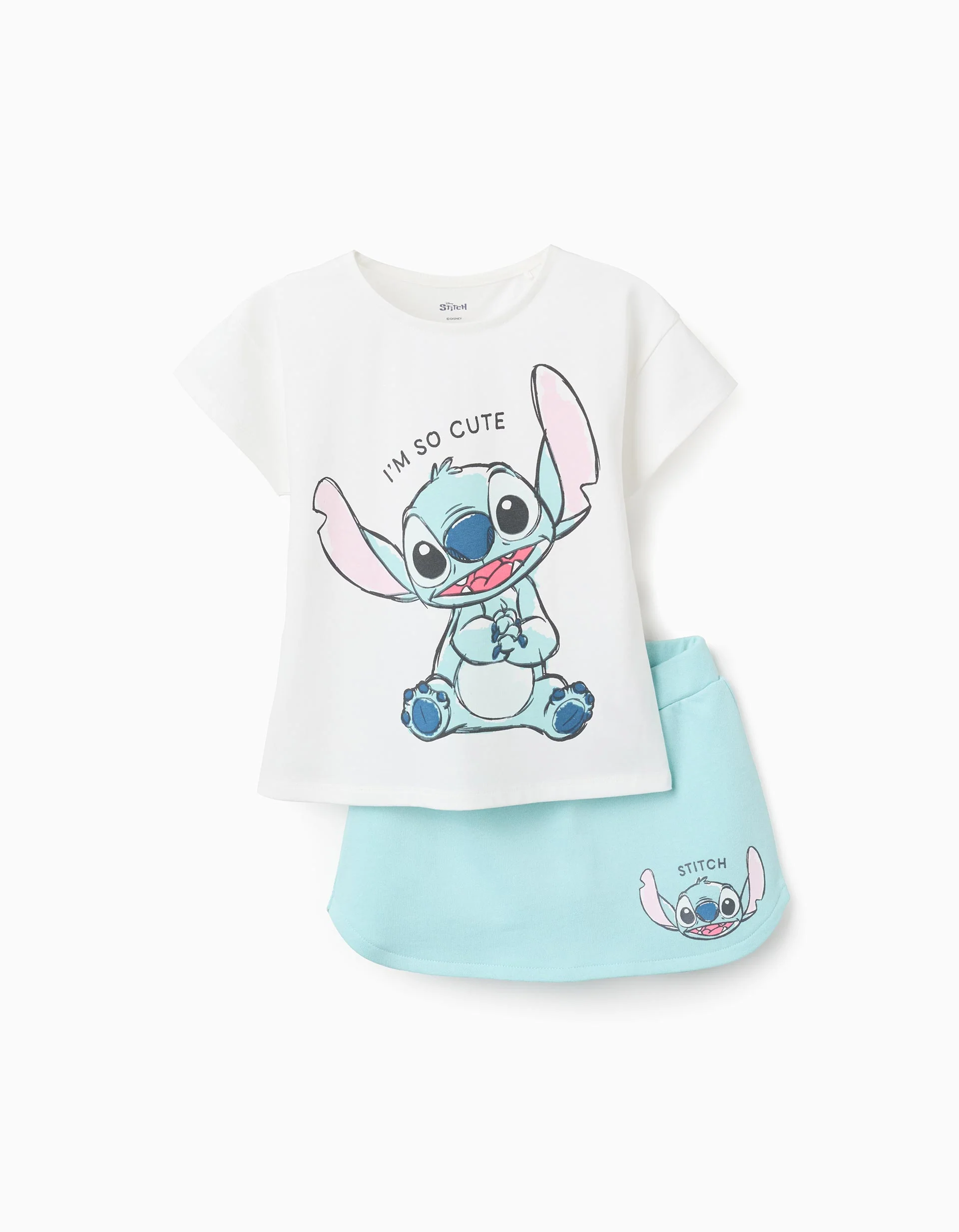 Cotton T-shirt and skort set with Stitch for girls, white/blue