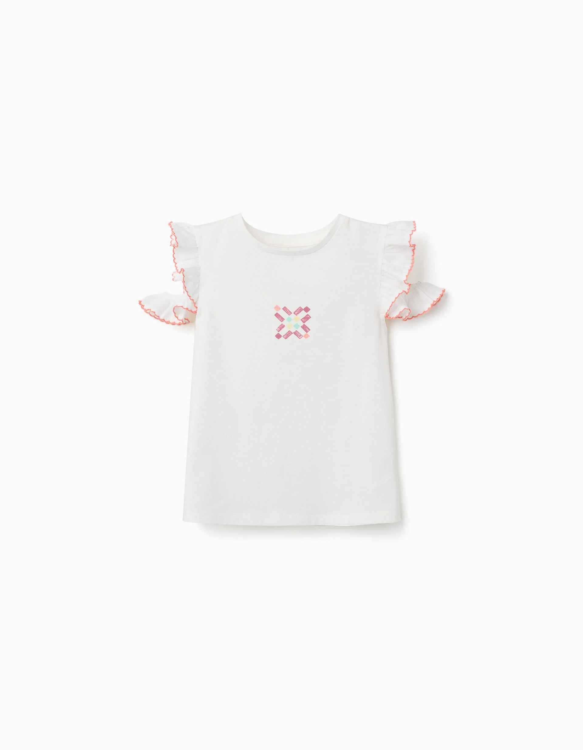 Cotton T-shirt with tile print and ruffled sleeves for girls, white