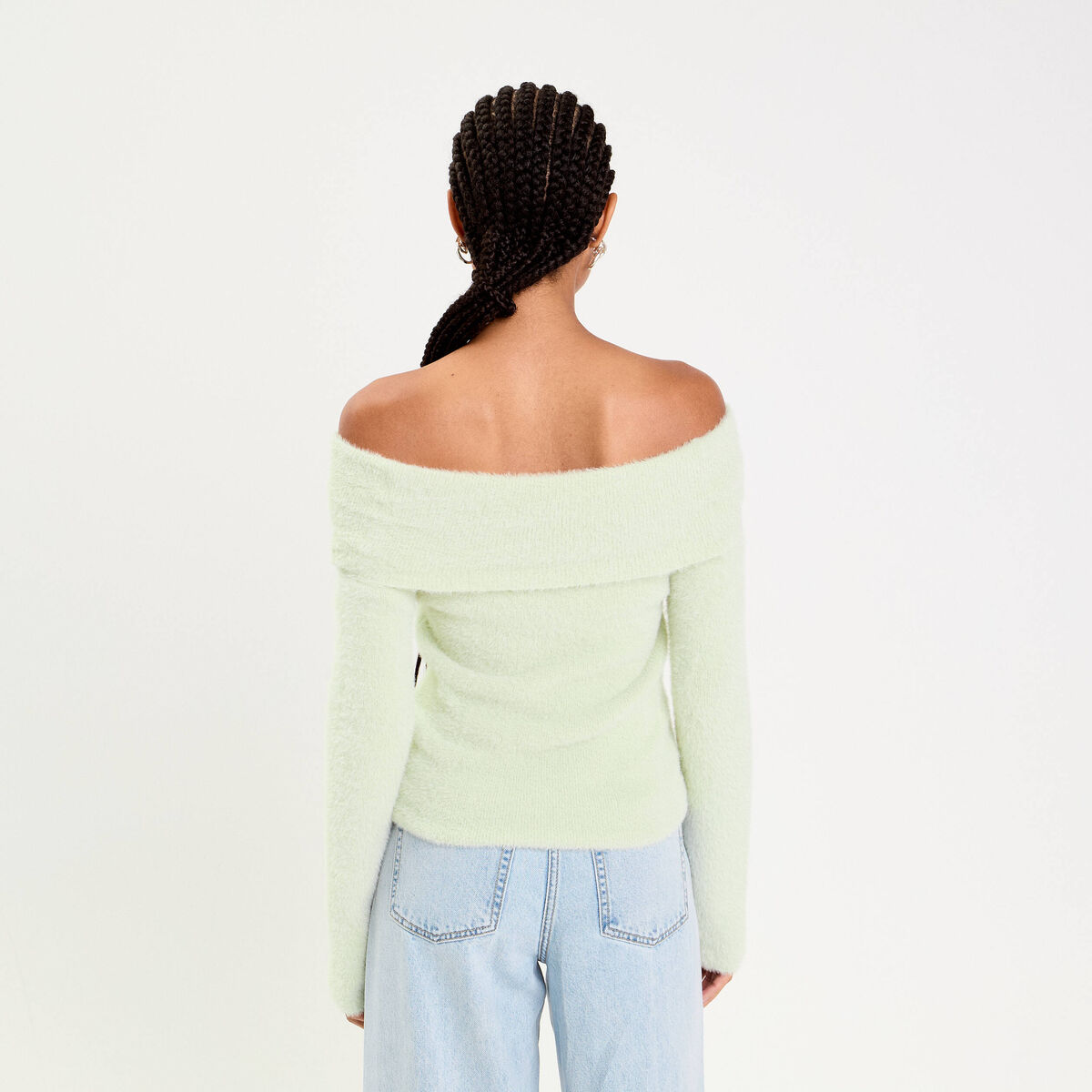Pull ajusté col bardot manches longues vert pastel femme