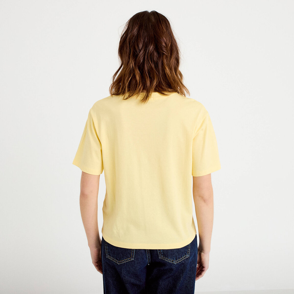 T-shirt col rond manches courtes jaune clair femme