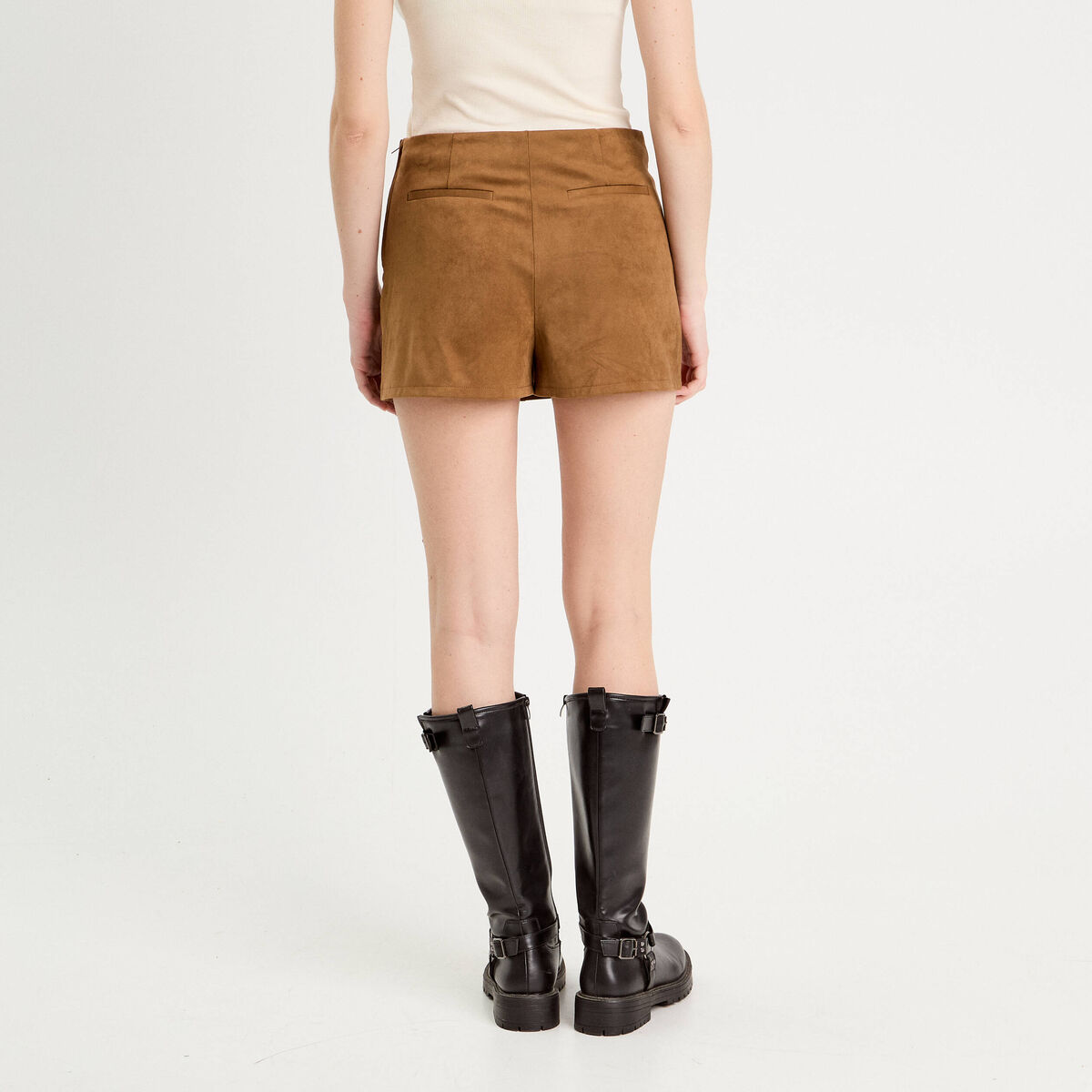 Jupe-short évasée suédine marron femme