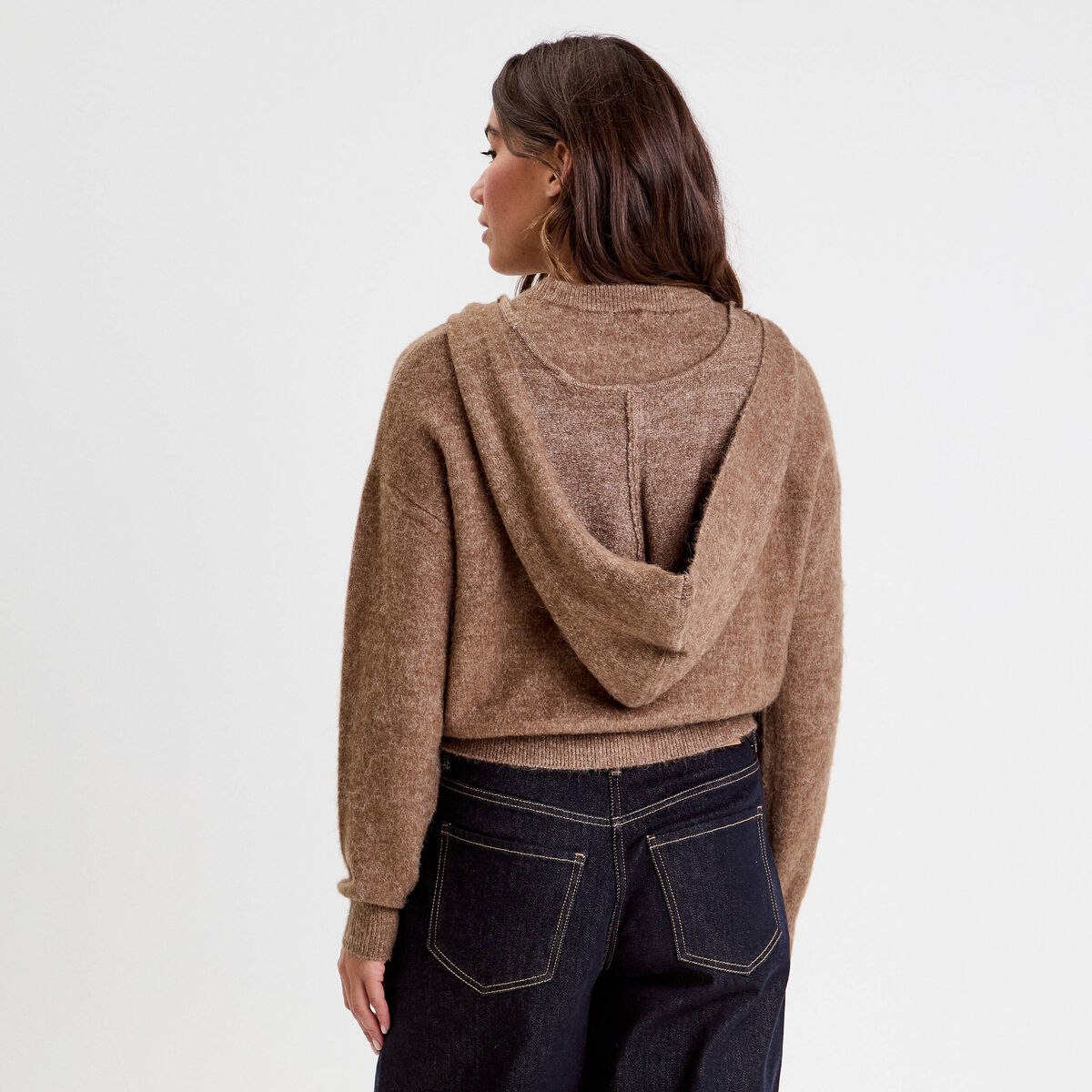 Pull à capuche manches longues marron clair femme