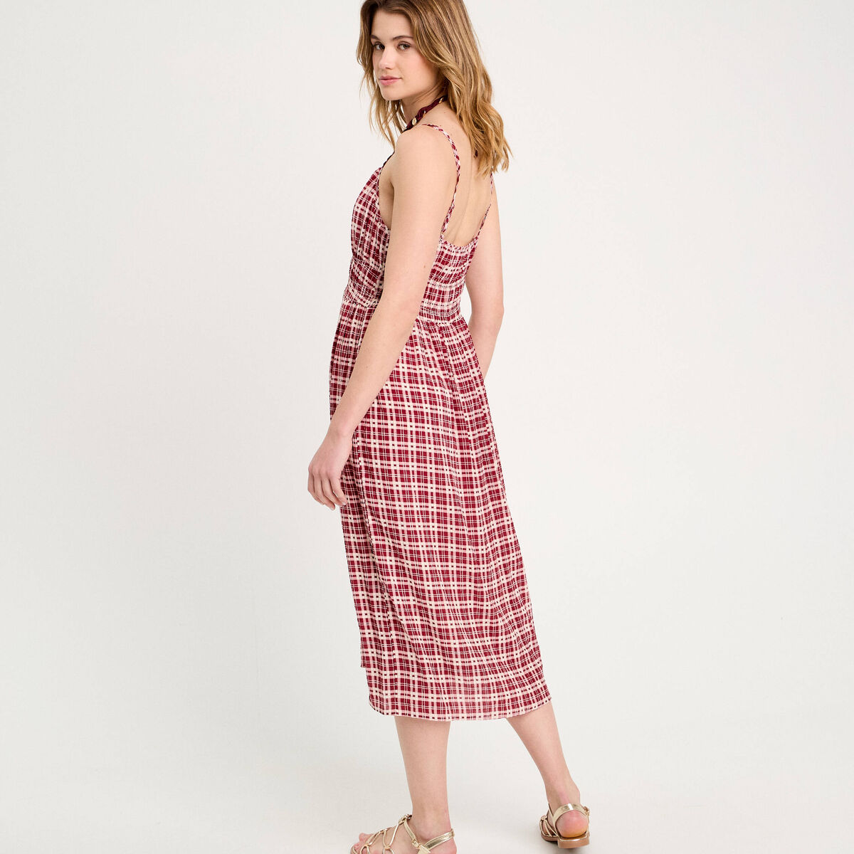 Robe midi évasée bretelles bordeaux femme