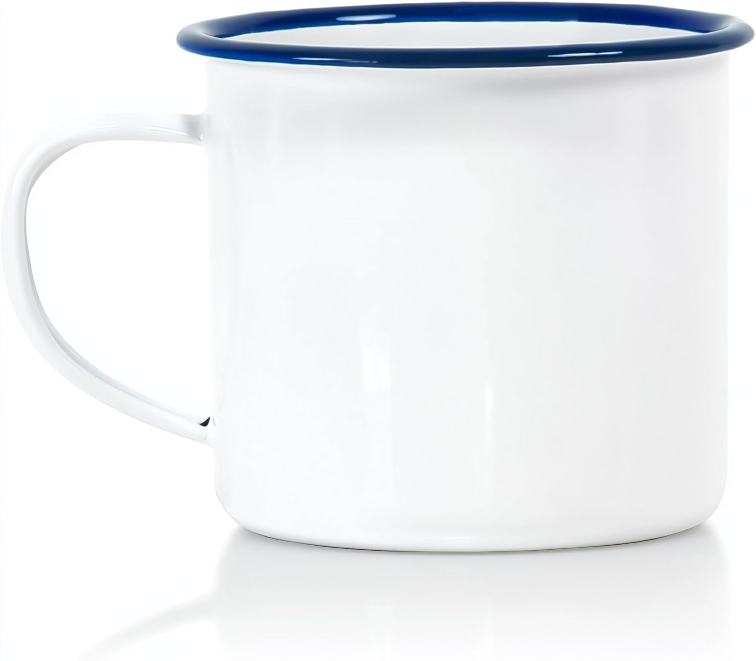 Set of 6 Enamelware Metal Medium Classic 12 Oz Round Coffee and Tea Mug with Handle  Solid White/Navy Blue Rim