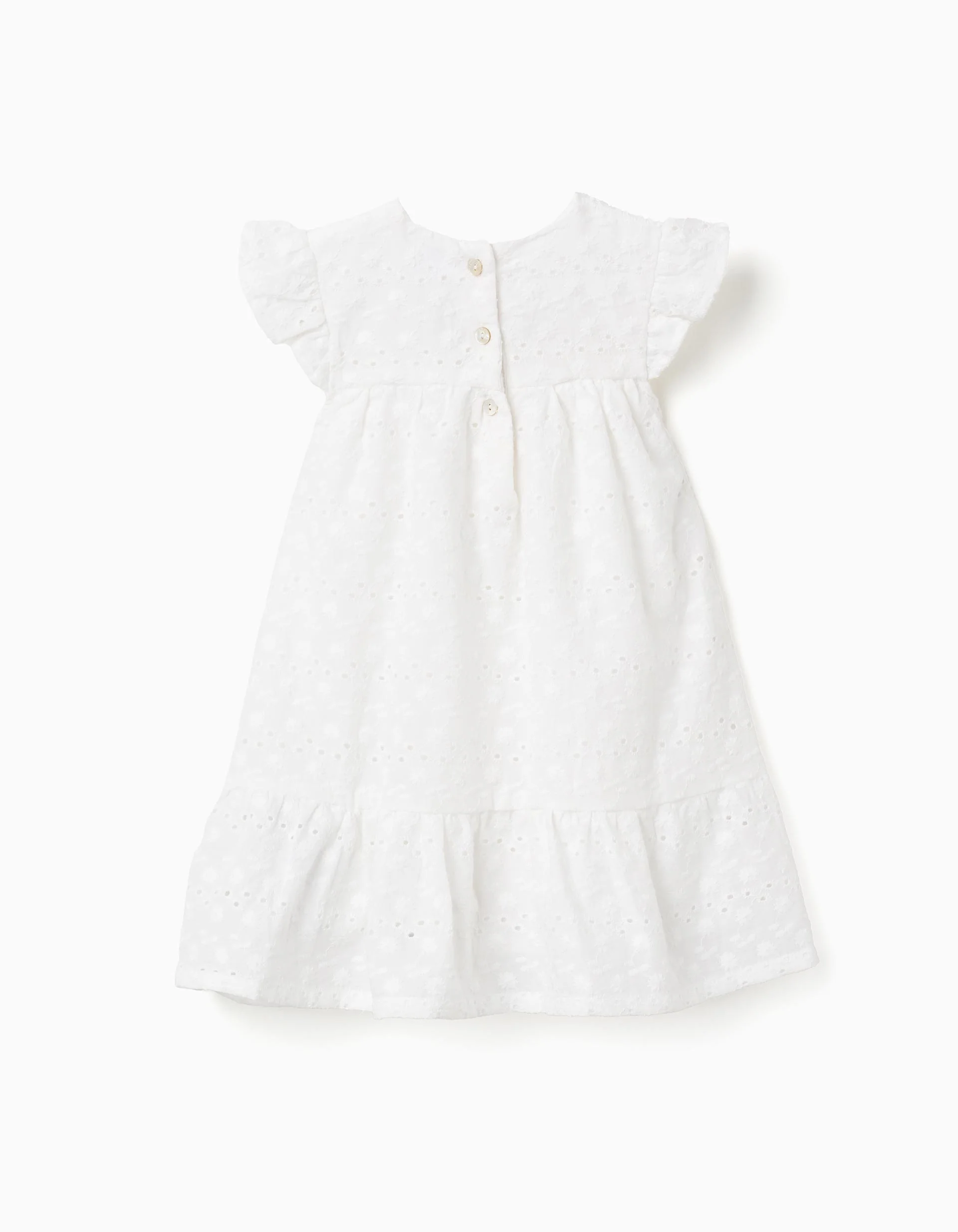 Cotton dress with broderie anglaise and ruffles for baby girls, white