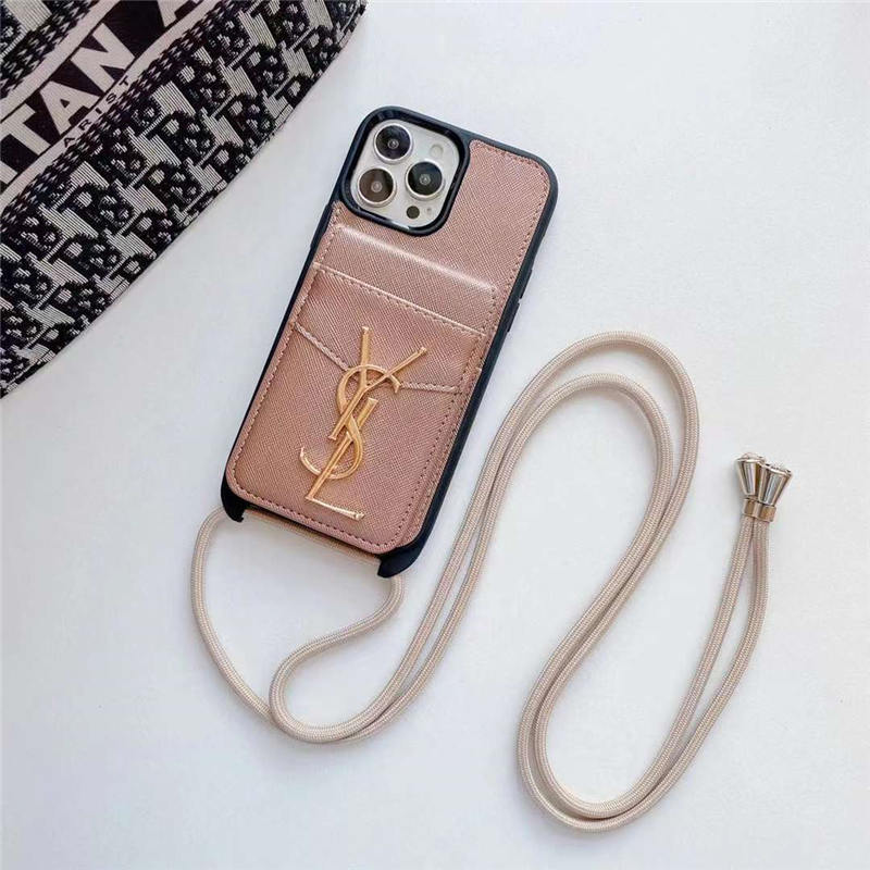 サンローラン iphone16/15/15proケース 紐付き ブランド iphone14/14pro ケース 大人 女子 yslコピー アイフォンカバー 13/13pro max カード入れ