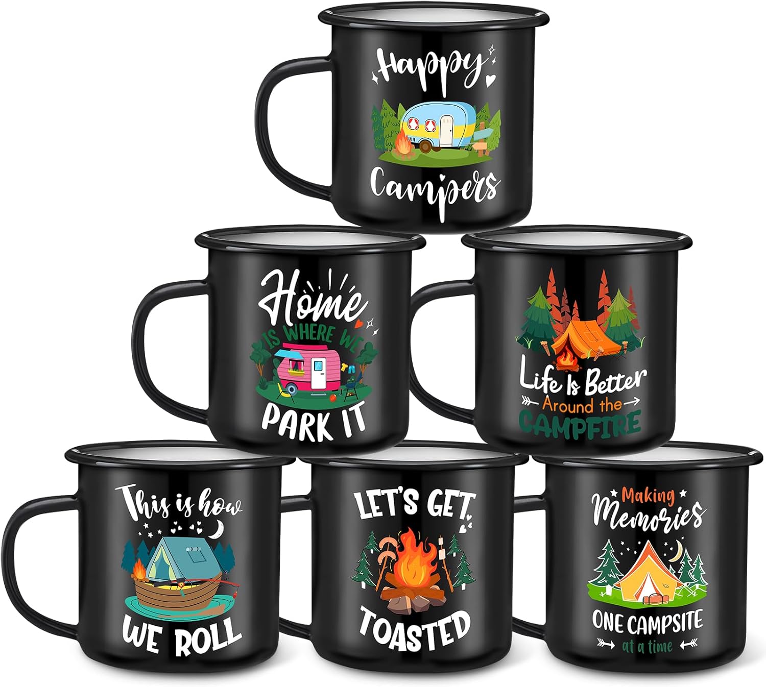 6 Pcs Enamel Camping Mugs Camping Coffee Mug 12oz Happy Campers Campfire Tea Cups with Handle Vintage Black Travel Mugs Set for Drinking Outdoor Travel Holiday Winter Gift