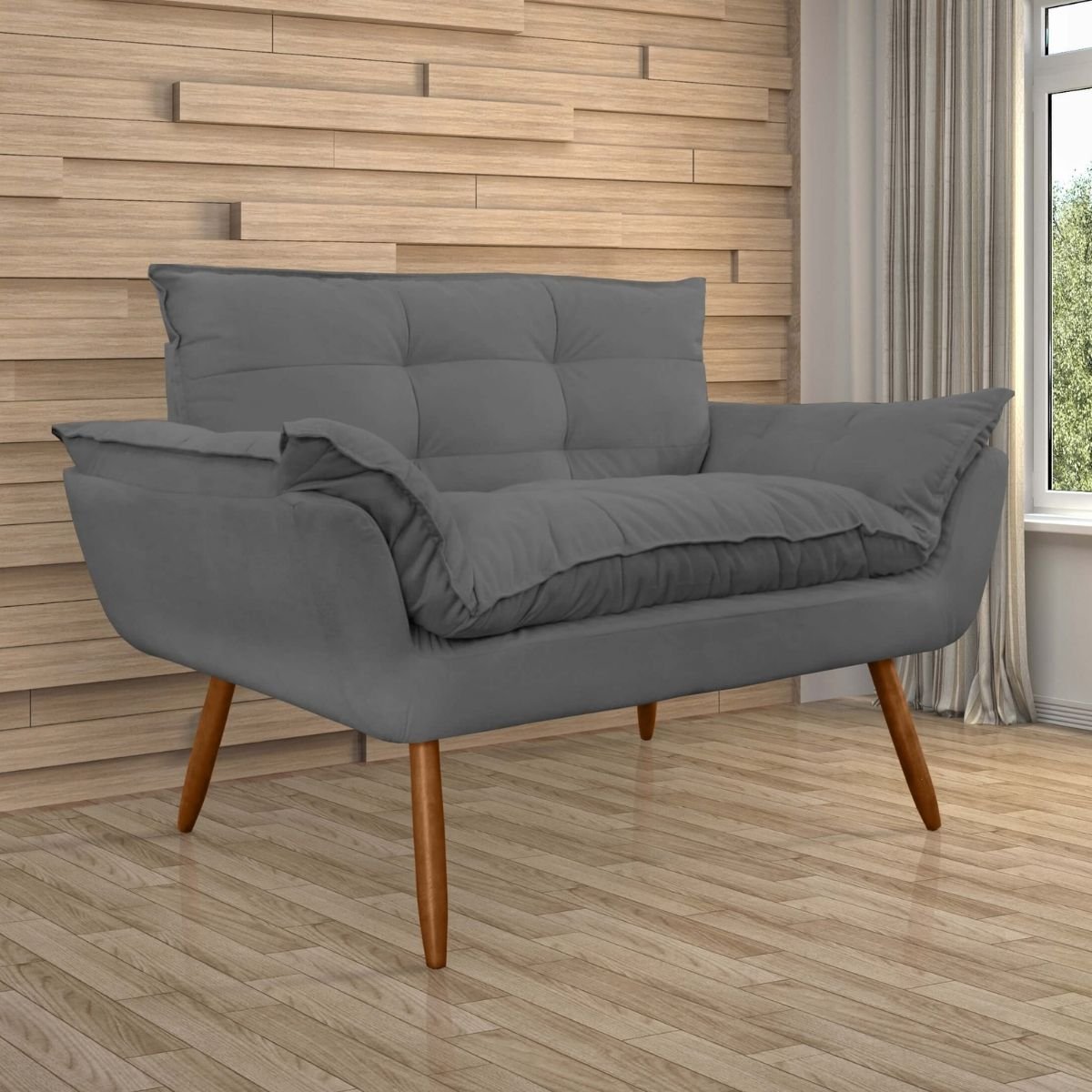 Sofá 2 Lugares Namoradeira Opala para Sala Pés Palito Suede Cinza - W&d Decor
