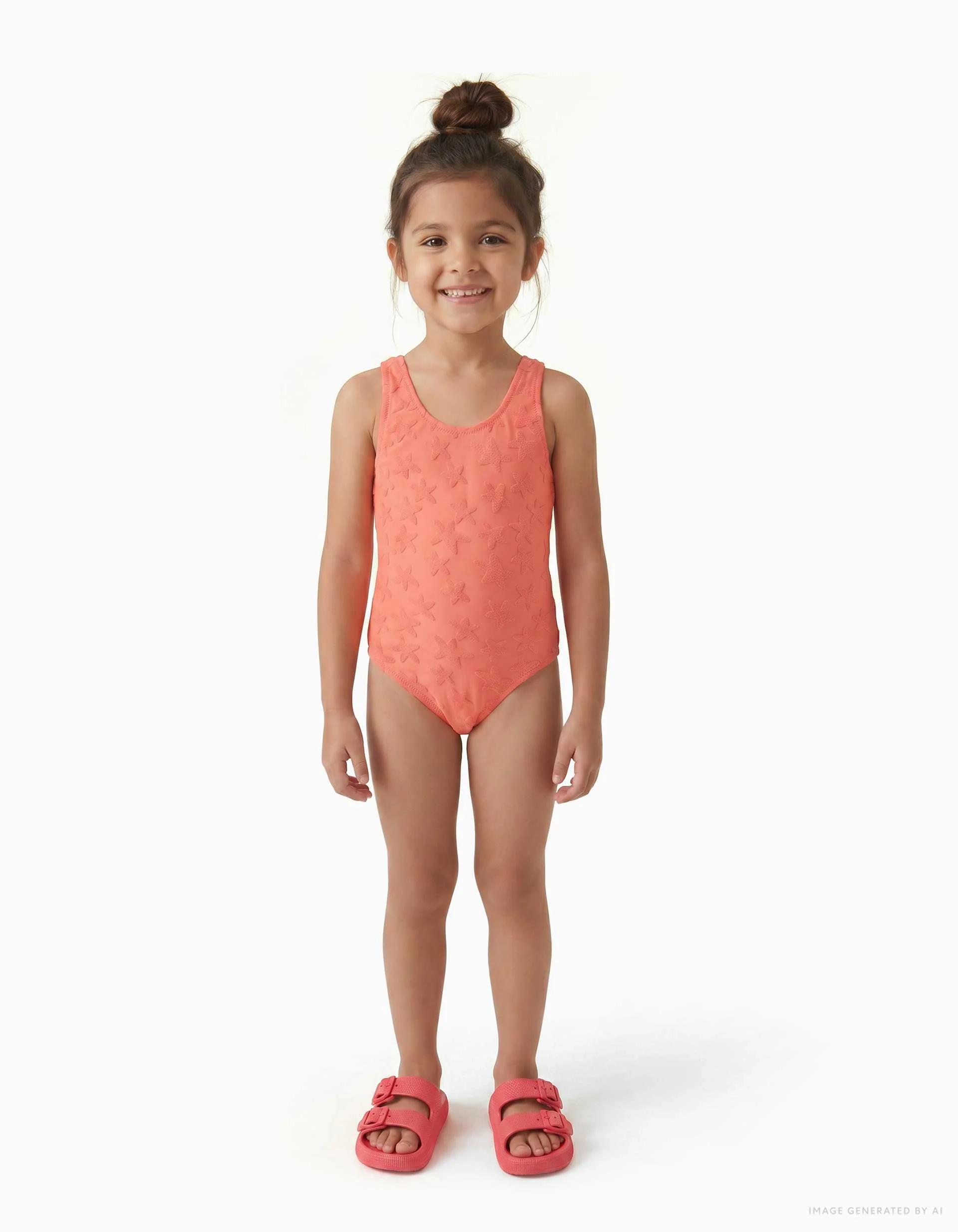 Swimsuit with star motif in bouclé for girls, neon coral