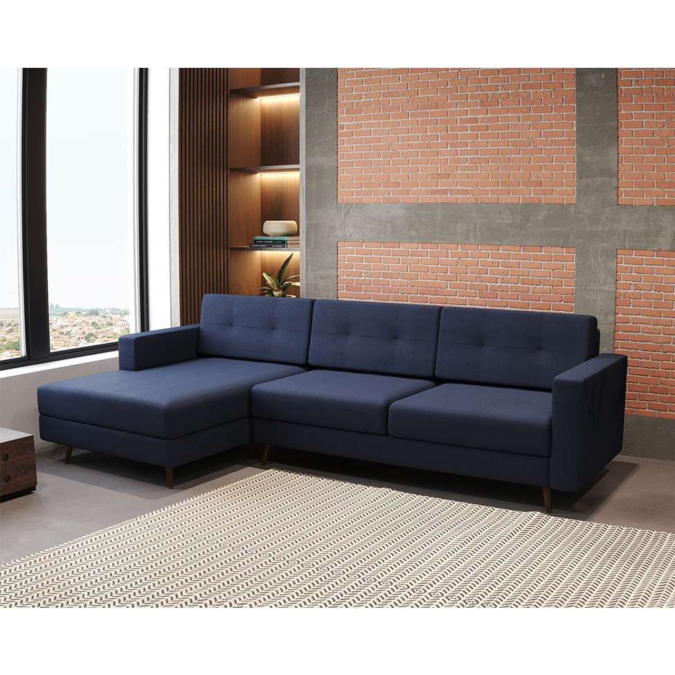 Sofá 3 Lugares Esquerdo Living com Chaise Esquerdo Pé Palito Linho Cotton Azul Marinho em Promoção | Ofertas na Americanas