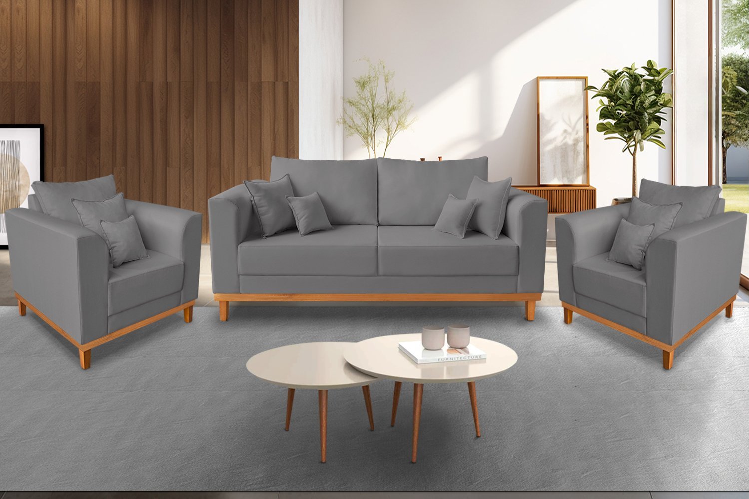 Kit Sofá 3 Lugares e 2 Poltronas Beny Viena para Recepção Suede Cinza - Madeira Prima Deccor