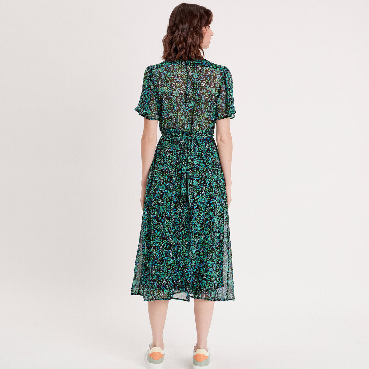 Robe longue évasée col en V vert femme