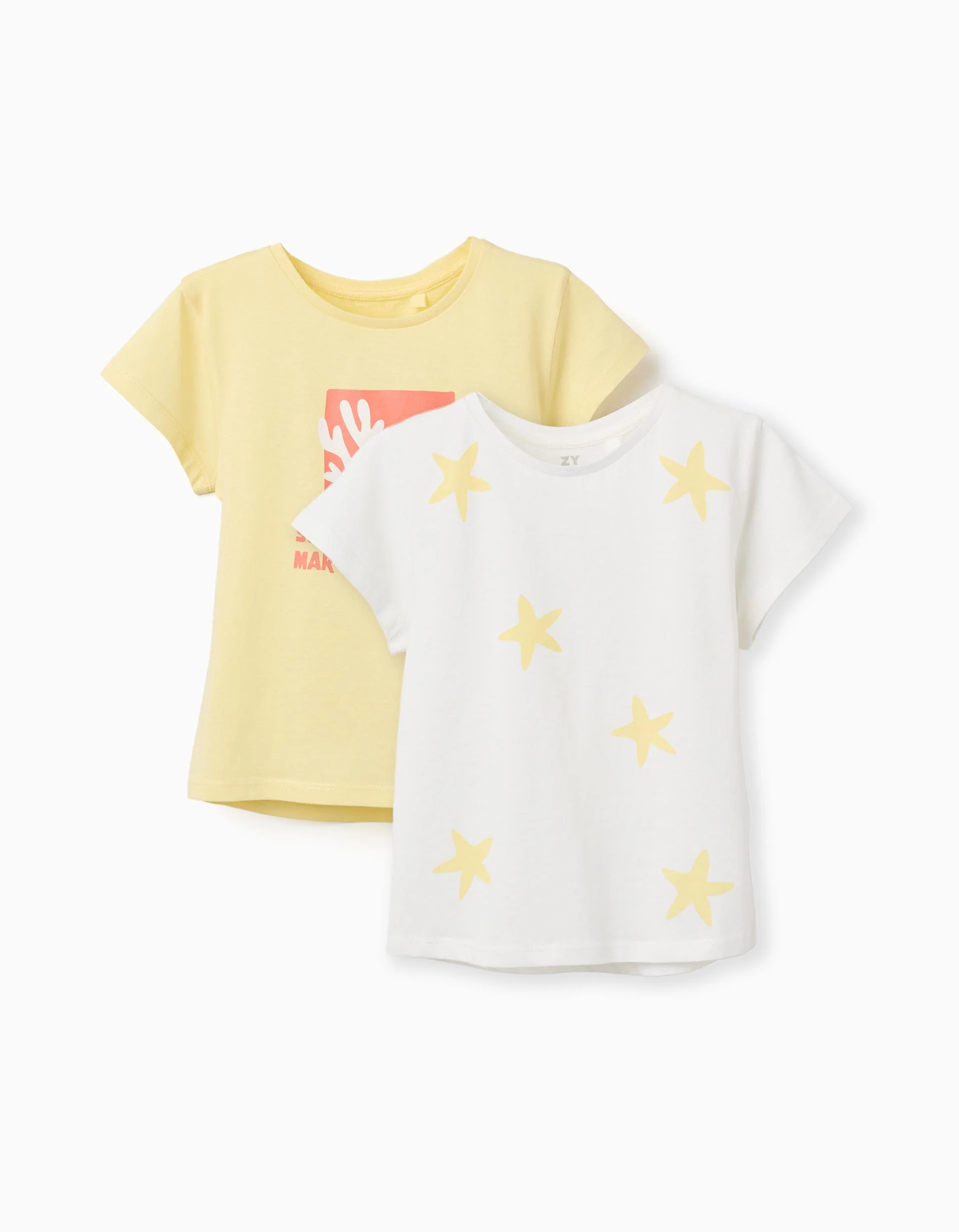 Pack of 2 cotton T-shirts with starfish prints for girls, white/yellow