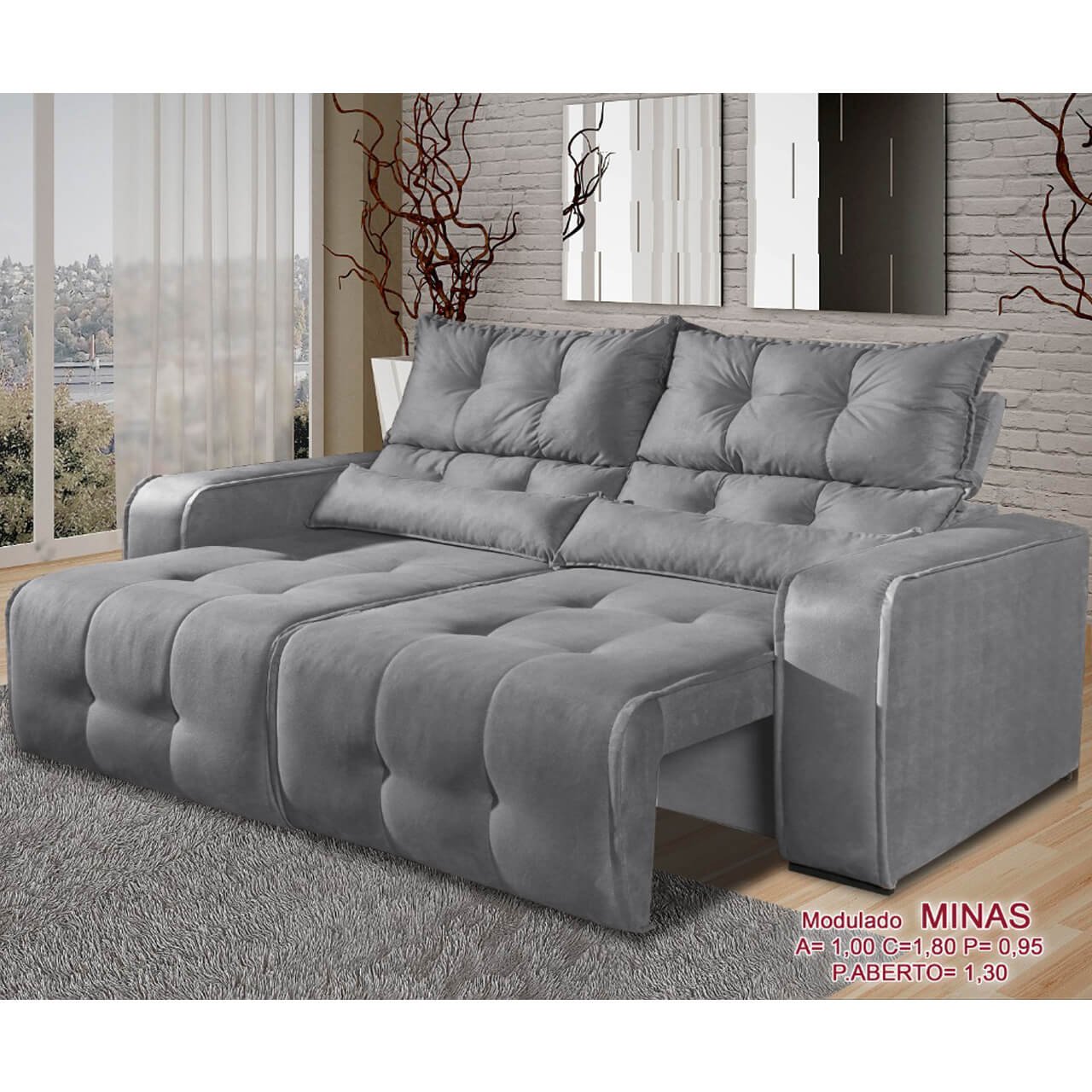 Sofá 2 Lugares Retrátil e Reclinável Minas Tecido Suede 180cm Cor Cinza