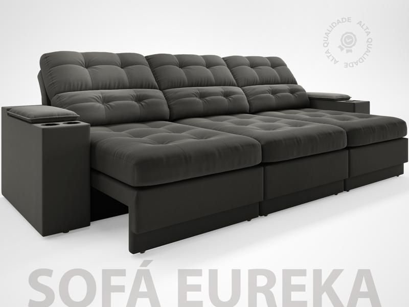 Sofá com Porta Copos e Carregador Usb Eureka 2,30m Assento Retrátil e Reclinável Velosuede Cinza