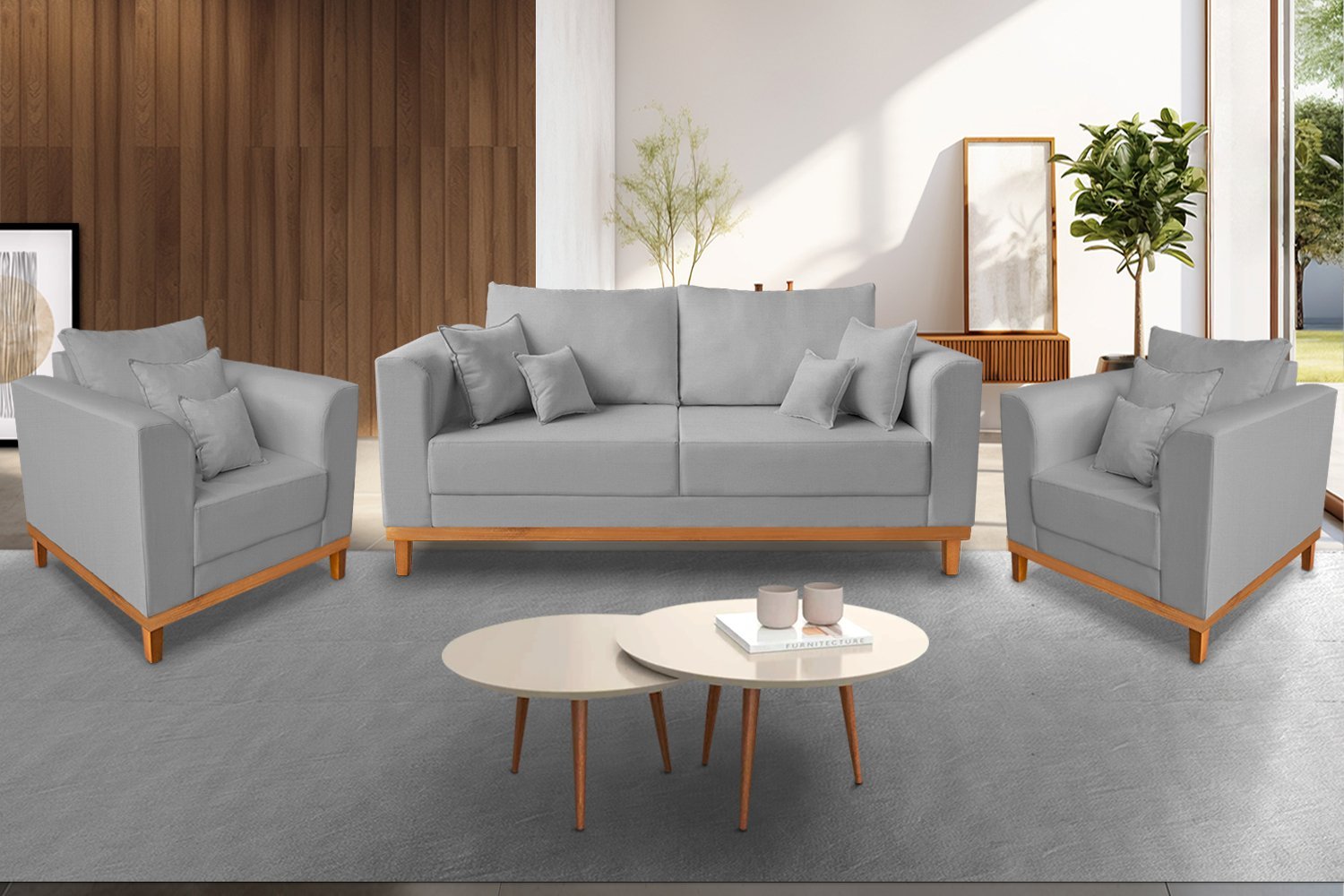 Kit Sofá 3 Lugares e 2 Poltronas Beny Viena com Almofadas Decorativa Linho Cinza - Madeira Prima Dec
