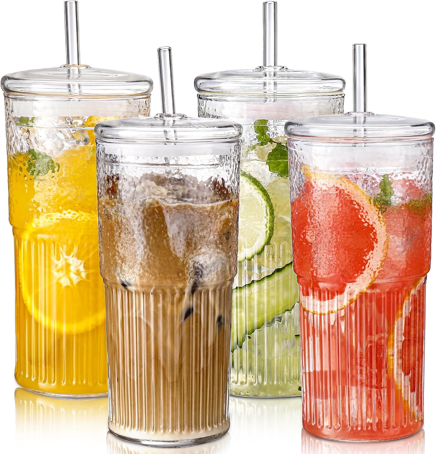 Glass Cups with Lids and Straws 4 Pcs 20oz Glasses Drinking Set Vintage Textured Clear Iced Coffee Cups with Lids Reusable Glass Tumbler with Straw and Lid for Coffee Bar Accessories