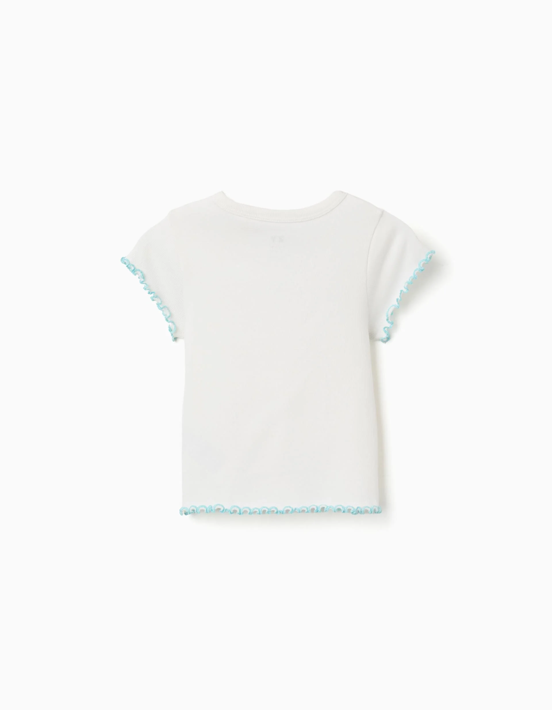 Ribbed T-shirt with wavy ends for girls, white/blue