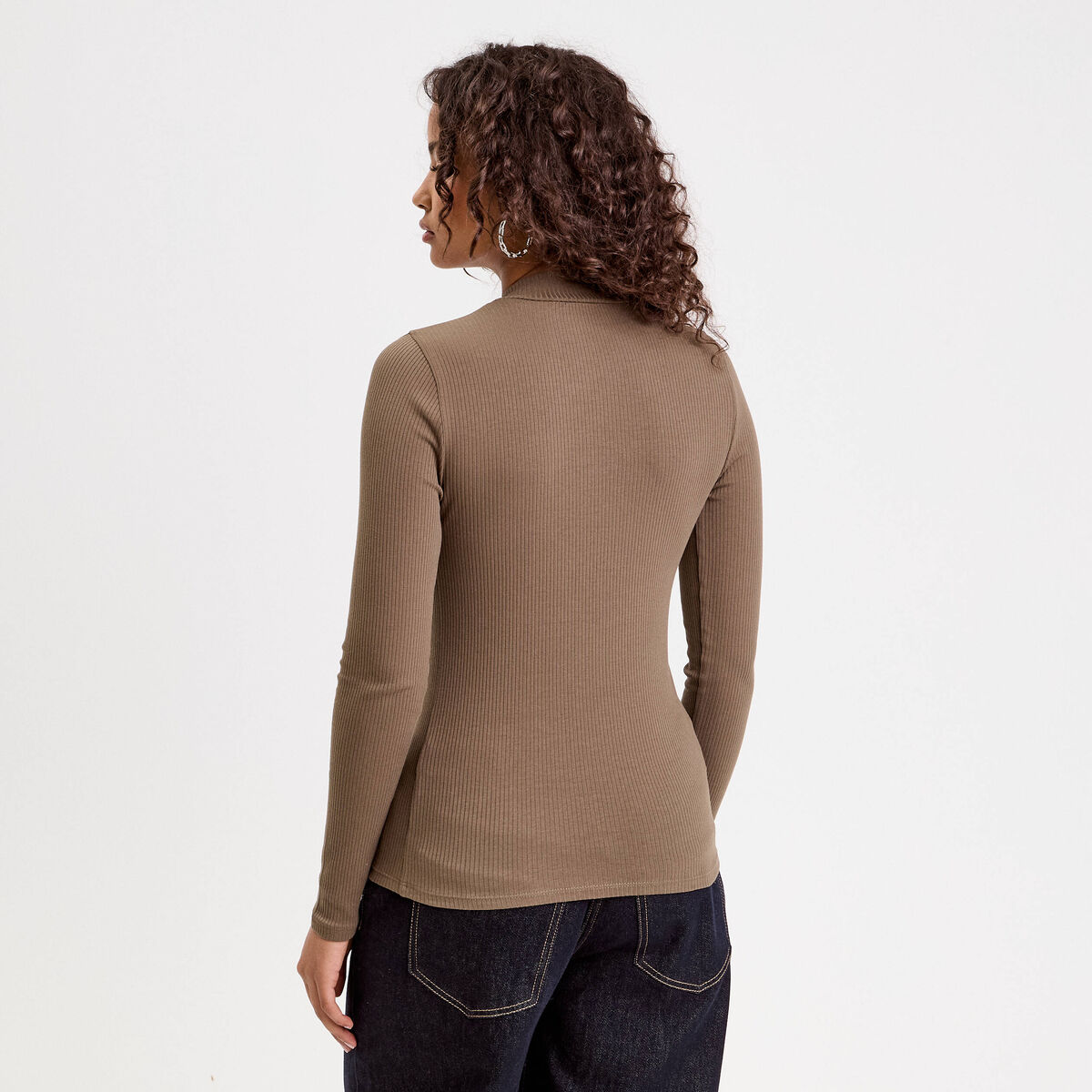 T-shirt manches longues côtelé vert kaki femme