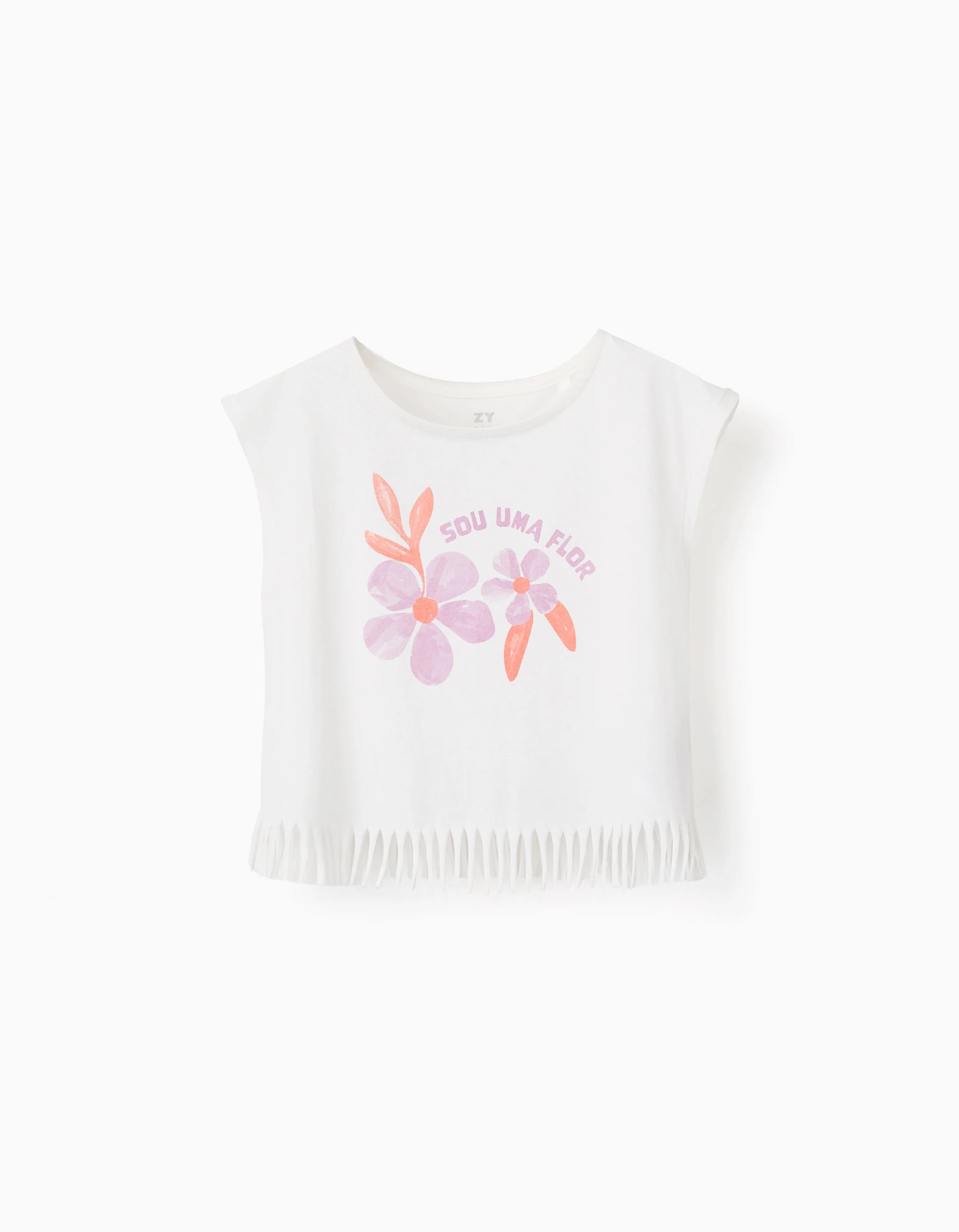 Cotton T-shirt with flower print and fringes for girls, white