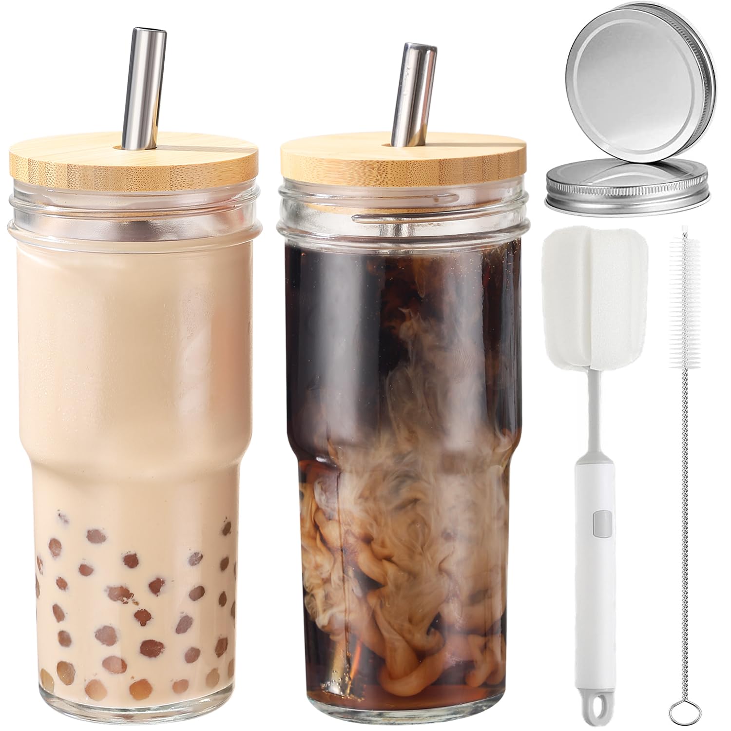 2 Pcs 24 oz Glass Cups With Bamboo Lids and Straws & 2 Airtight Lids  Reusable Smoothie Cup Mason Jar Drinking Glasses Iced Coffee Cups Glass Tumbler for Bubble Tea  Juice  Gift