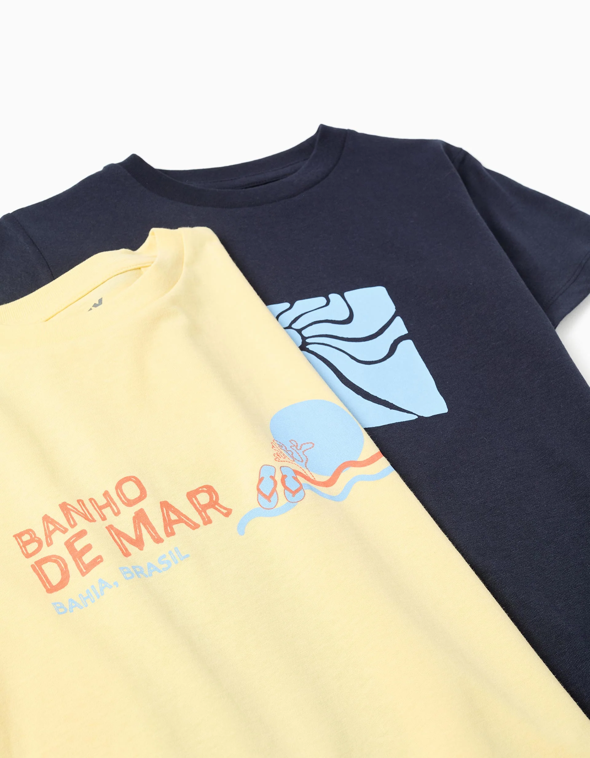Pack of 2 cotton T-shirts with beach prints for boys, dark blue/yellow