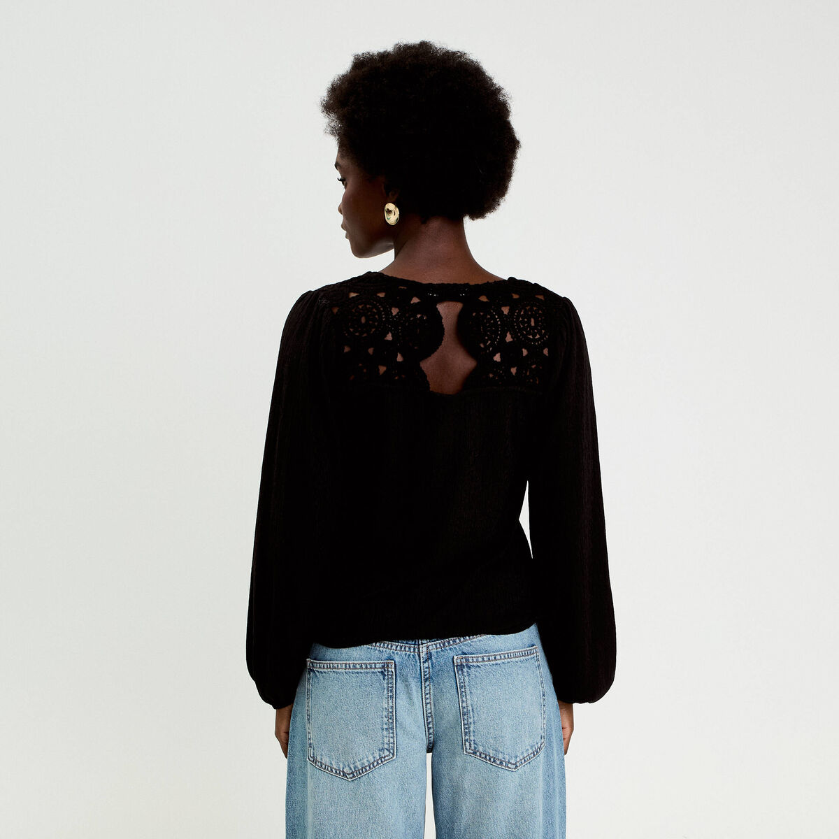 Blouse macramé bas élastiqué noir femme