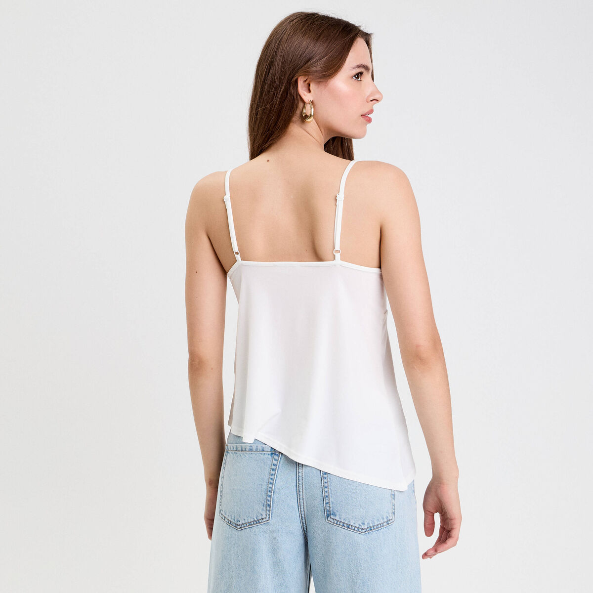 Débardeur asymétrique court col v ecru femme