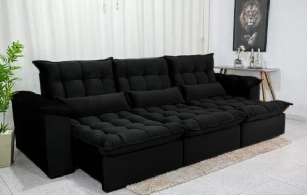 Sofá Retrátil e Reclinável Ipanema 2,10m em Tecido Veludo C/ 03 Módulos - Montagem Inclusa:preto