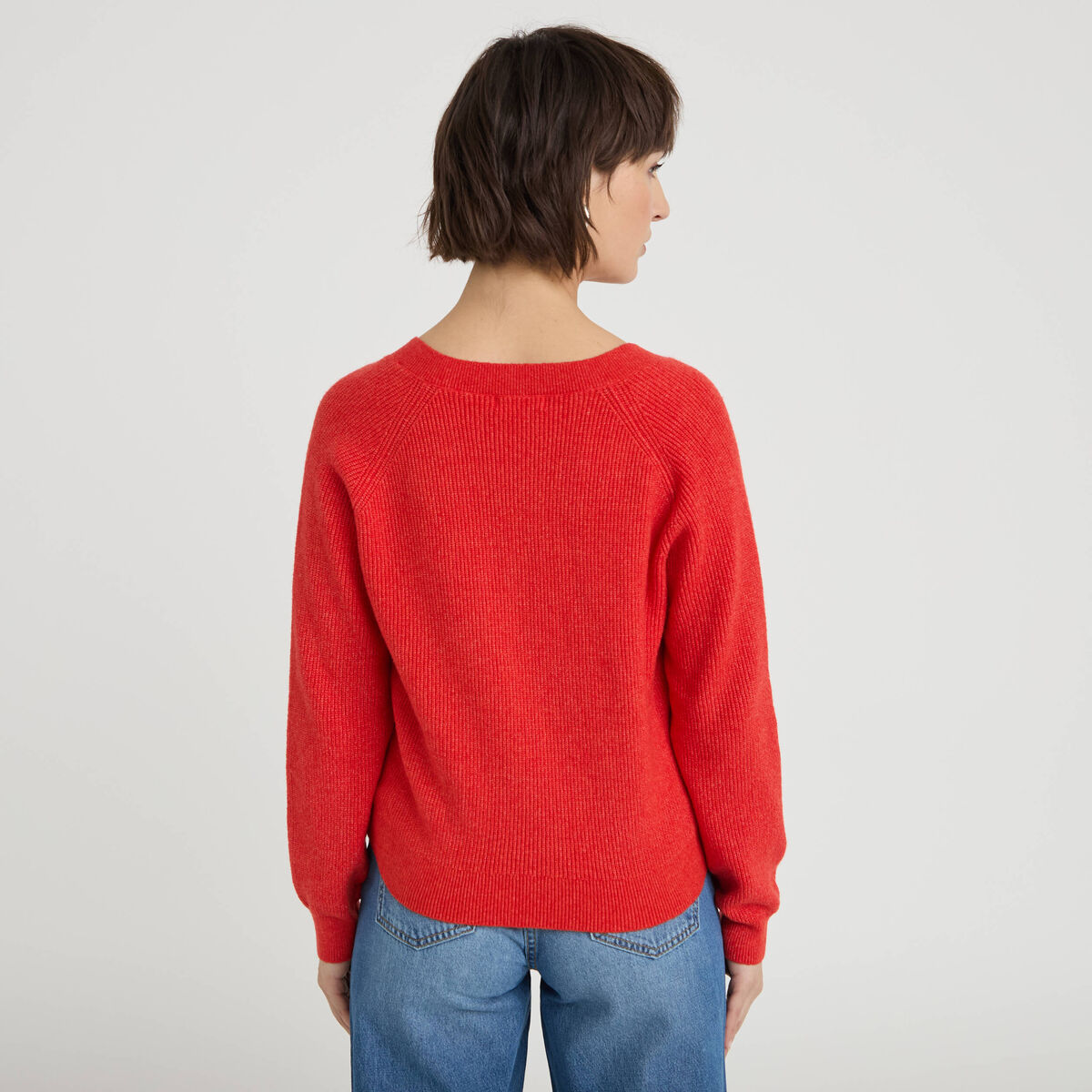 Pull fin col v manches longues rouge femme