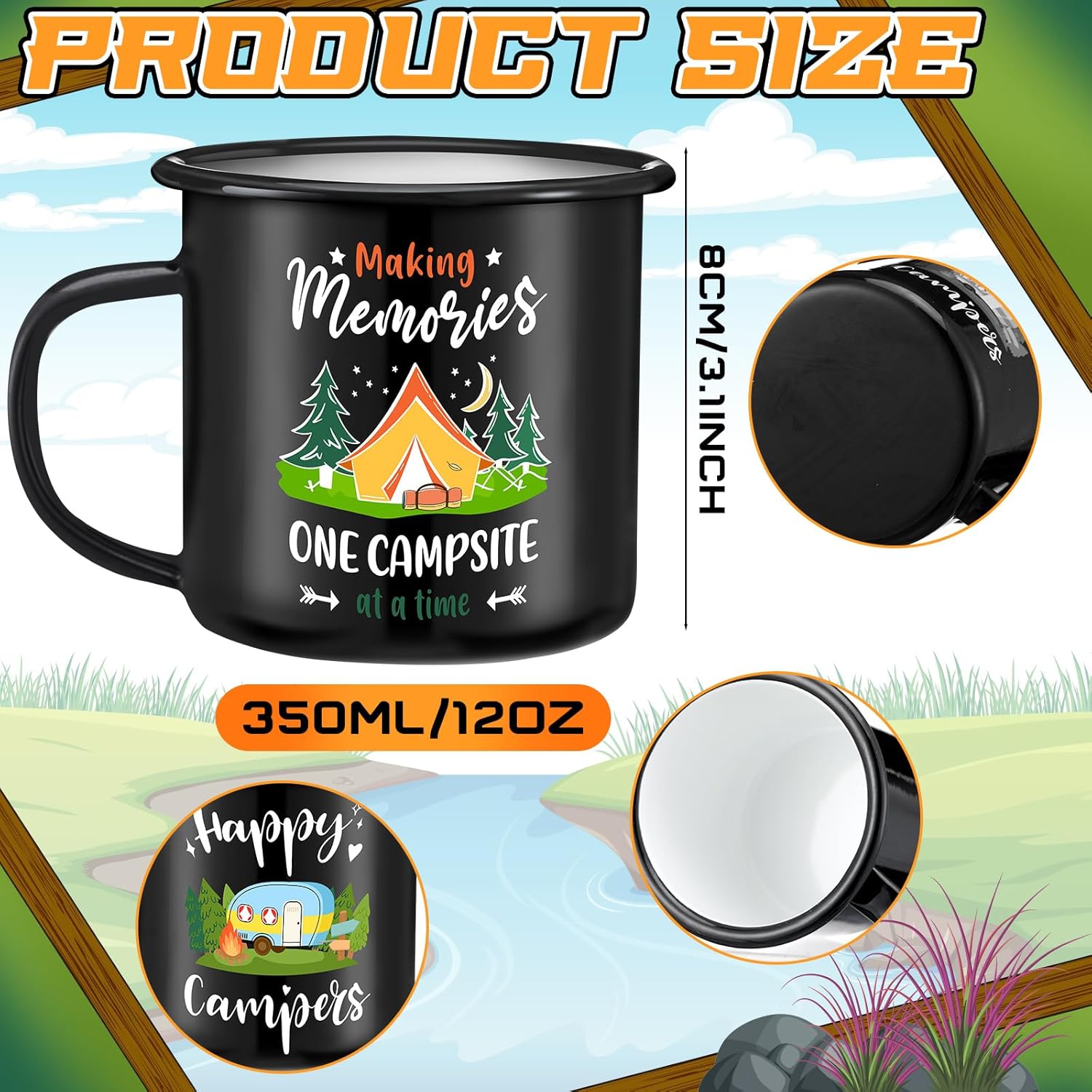 6 Pcs Enamel Camping Mugs Camping Coffee Mug 12oz Happy Campers Campfire Tea Cups with Handle Vintage Black Travel Mugs Set for Drinking Outdoor Travel Holiday Winter Gift