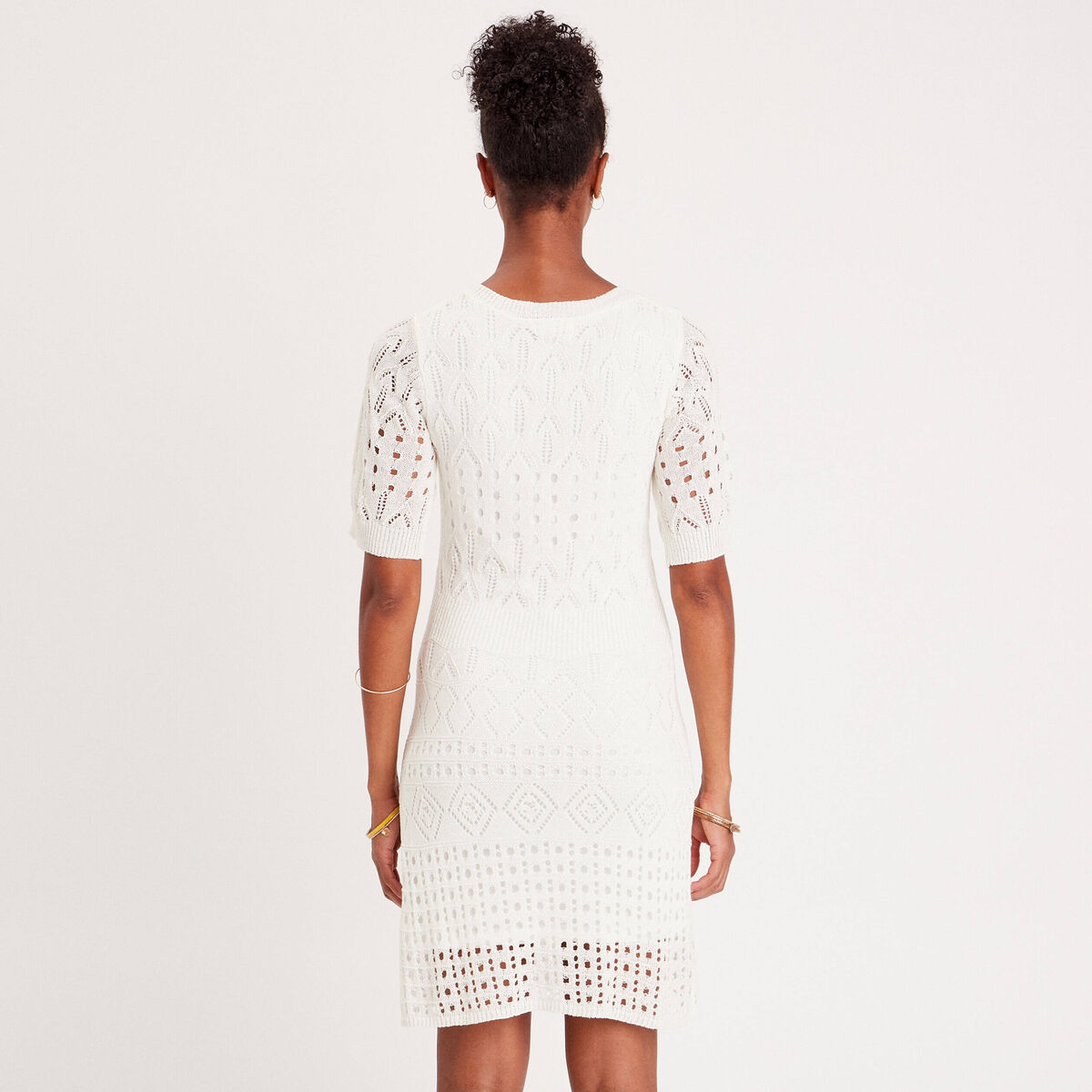 Robe pull évasée ajourée ecru femme