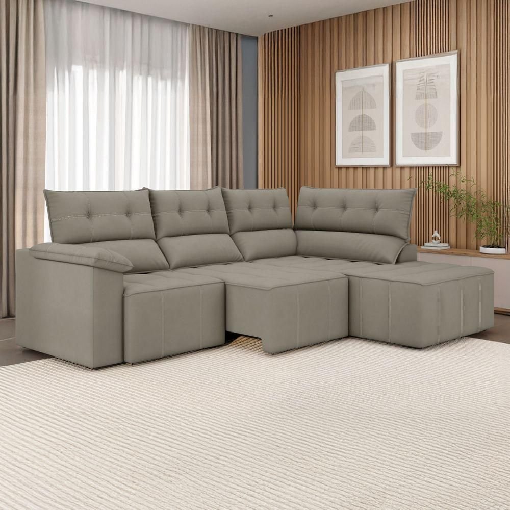 Sofá de Canto Retrátil e Reclinável 4 Lugares Santorini Veludo Luizzi Cappuccino