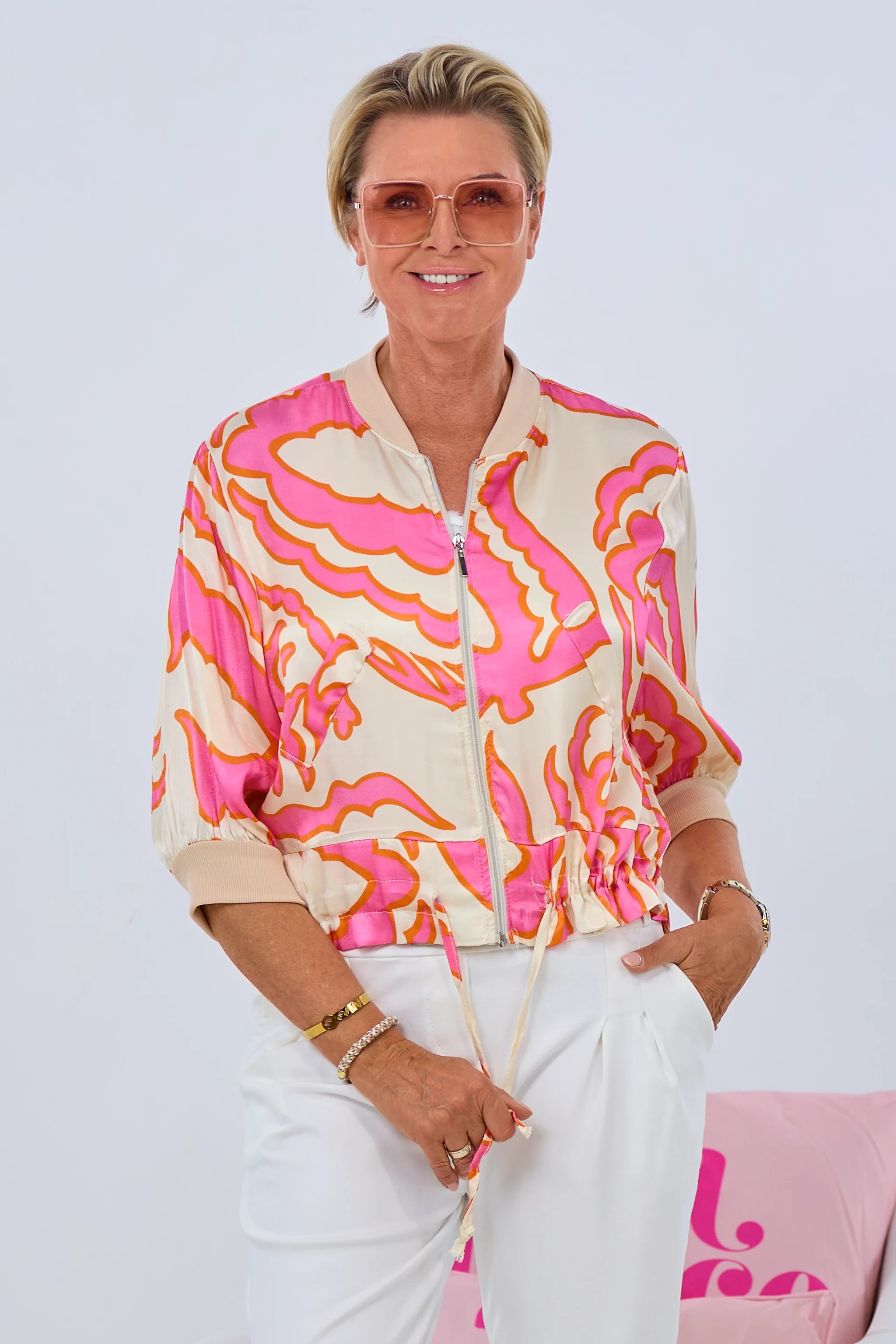 Blumen Satin Blouson mit Kordelzug, pink-beige